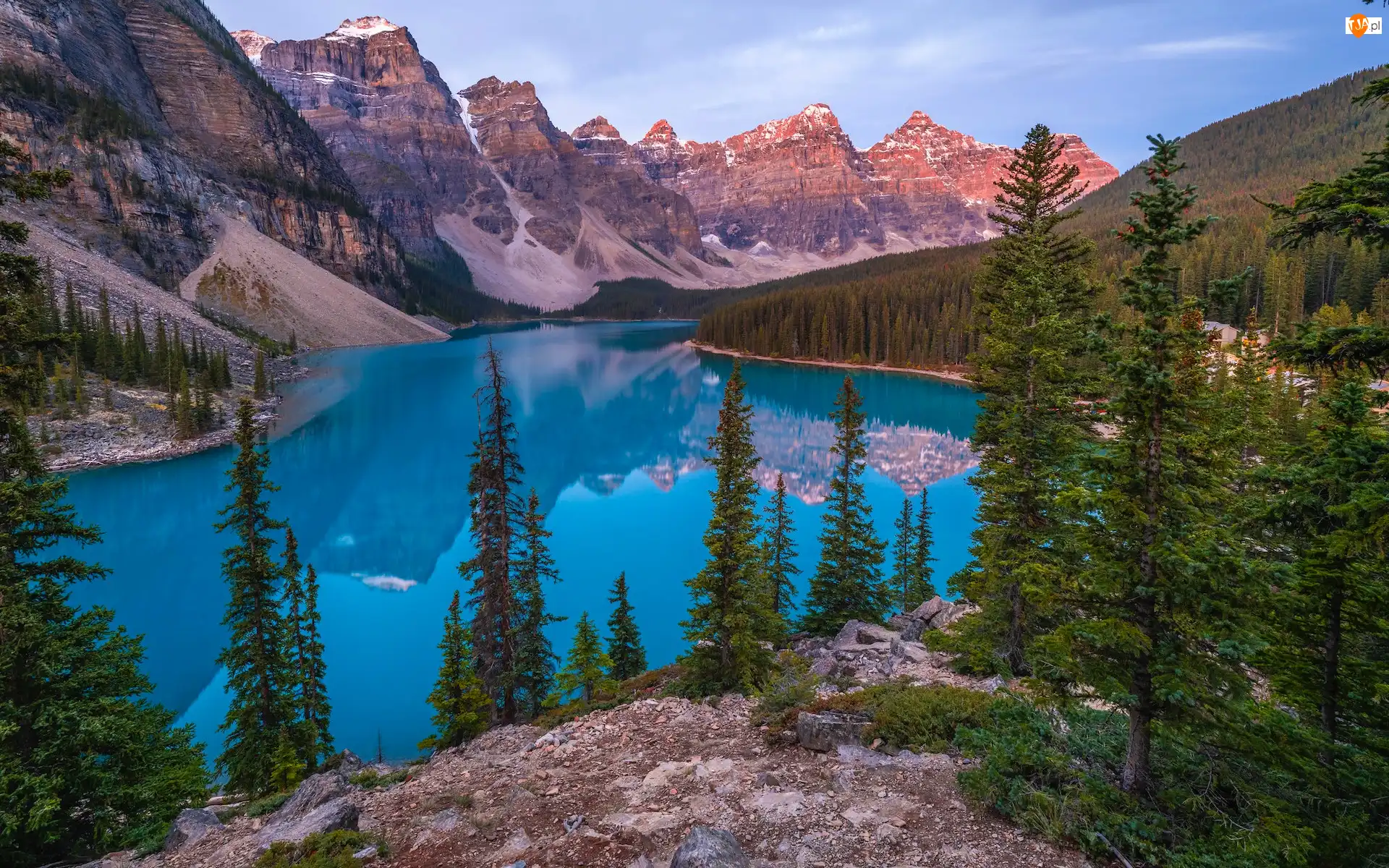 Moraine Lake, Kanada, Góry, Drzewa, Alberta, Jezioro, Skała, Park Narodowy Banff