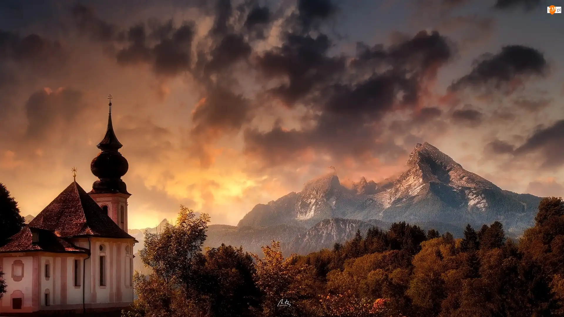 Góry, Kościół, Bawaria, Alpy Salzburskie, Sanktuarium Maria Gern, Niemcy, Drzewa, Berchtesgaden