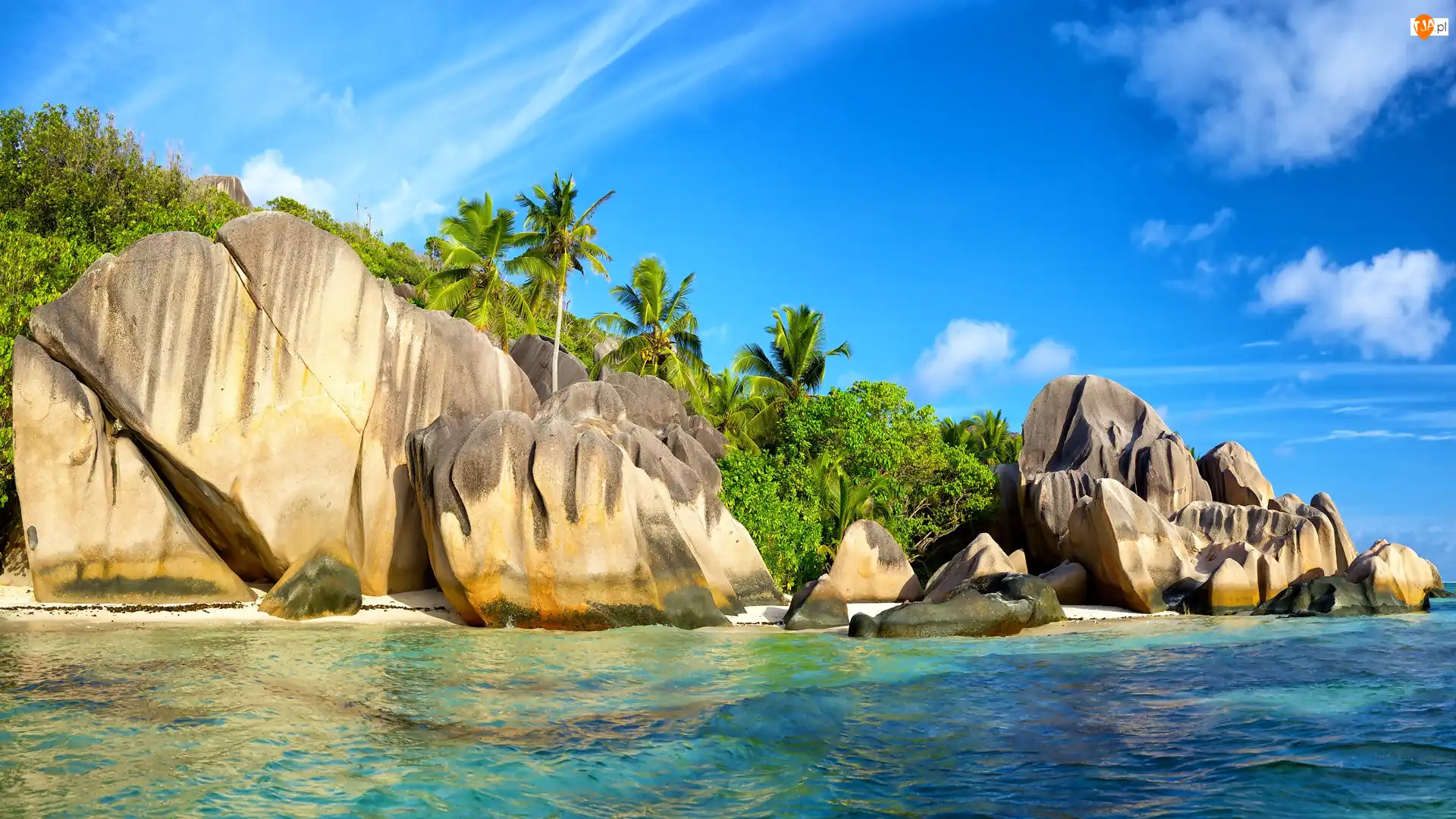 Głazy, Seszele, Morze, Palmy, Wyspa La Digue, Skały, Roślinność, Plaża Anse Source d Argent