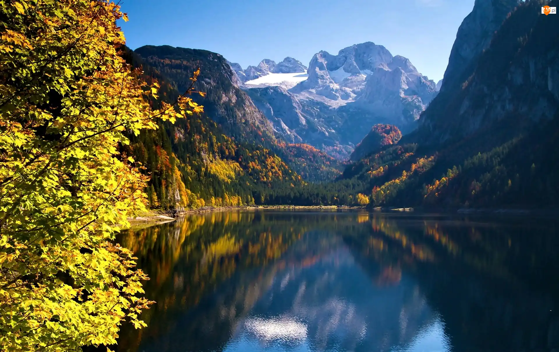 Góry, Jezioro, Jesień, Austria, Lasy, Gosau