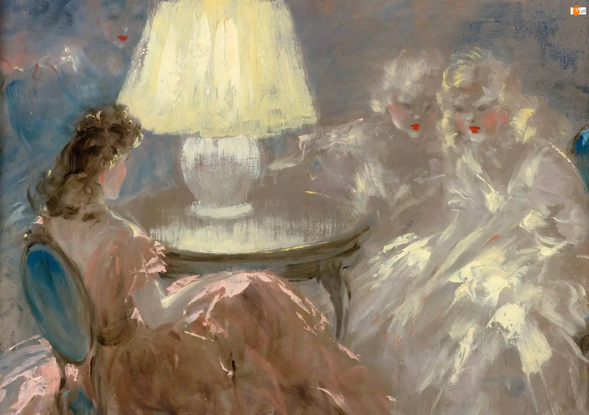 Malarstwo, Obraz, Kobiety, Lampka, Louis Icart, Stół