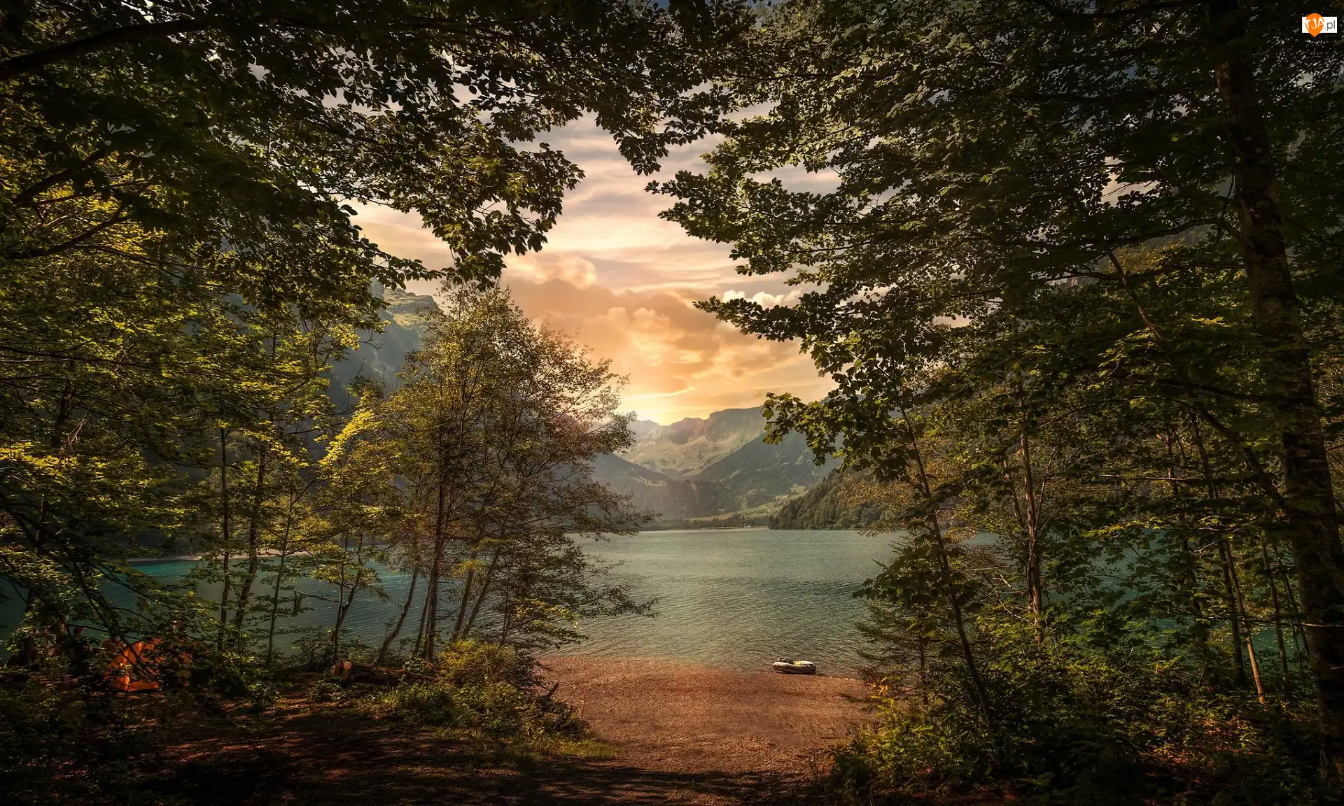 Las, Szwajcaria, Jezioro Klontalersee, Drzewa, Kanton Glarus, Wschód słońca, Ponton, Góry Alpy