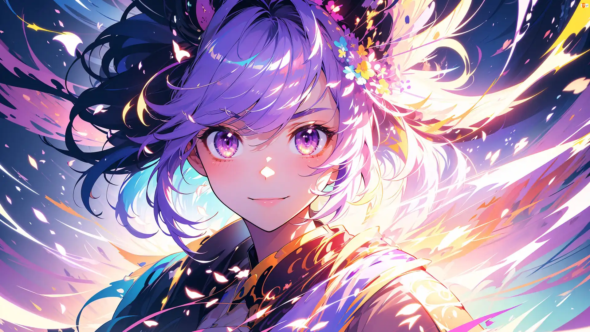 Fiołkowe, Dziewczyna, Kwiaty, Anime, Oczy, Światło