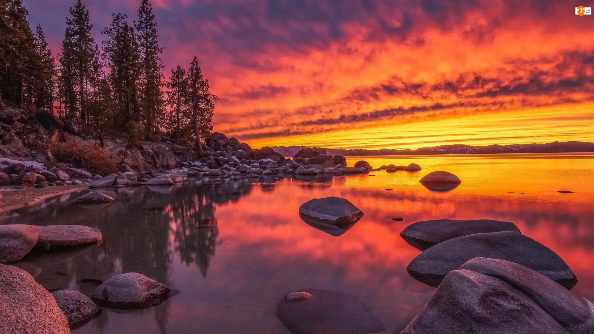 Stany Zjednoczone, Lake Tahoe, Kalifornia, Niebo, Zachód słońca, Skały, Kamienie, Jezioro, Kolorowe