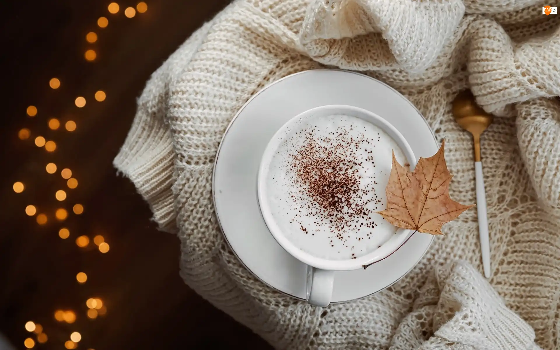 Bokeh, Kawa, Sweter, Klonowy, Liść, Cappuccino, Łyżeczka, Filiżanka, Suchy