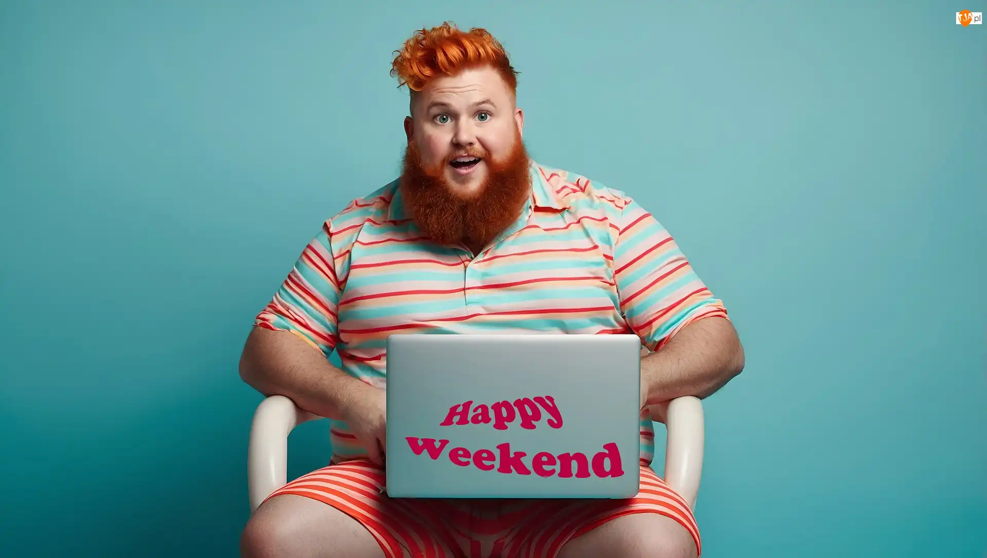 Broda, Mężczyzna, Rude, Laptop, Włosy, Siedzący