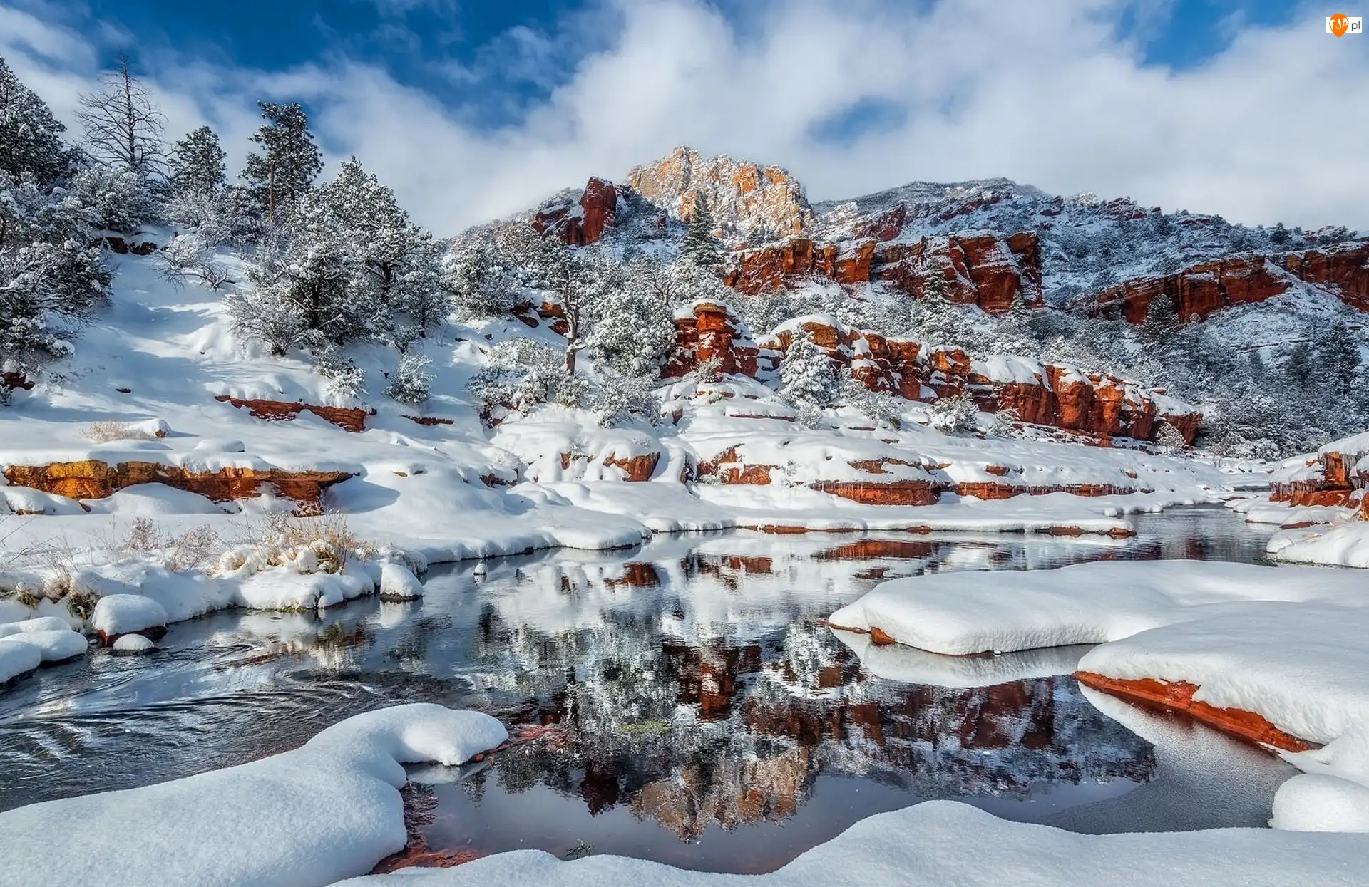Rzeka Oak Creek, Stany Zjednoczone, Kanion, Zima, Stan Arizona, Wąwóz Oak Creek Canyon, Skały, Park Stanowy Slide Rock