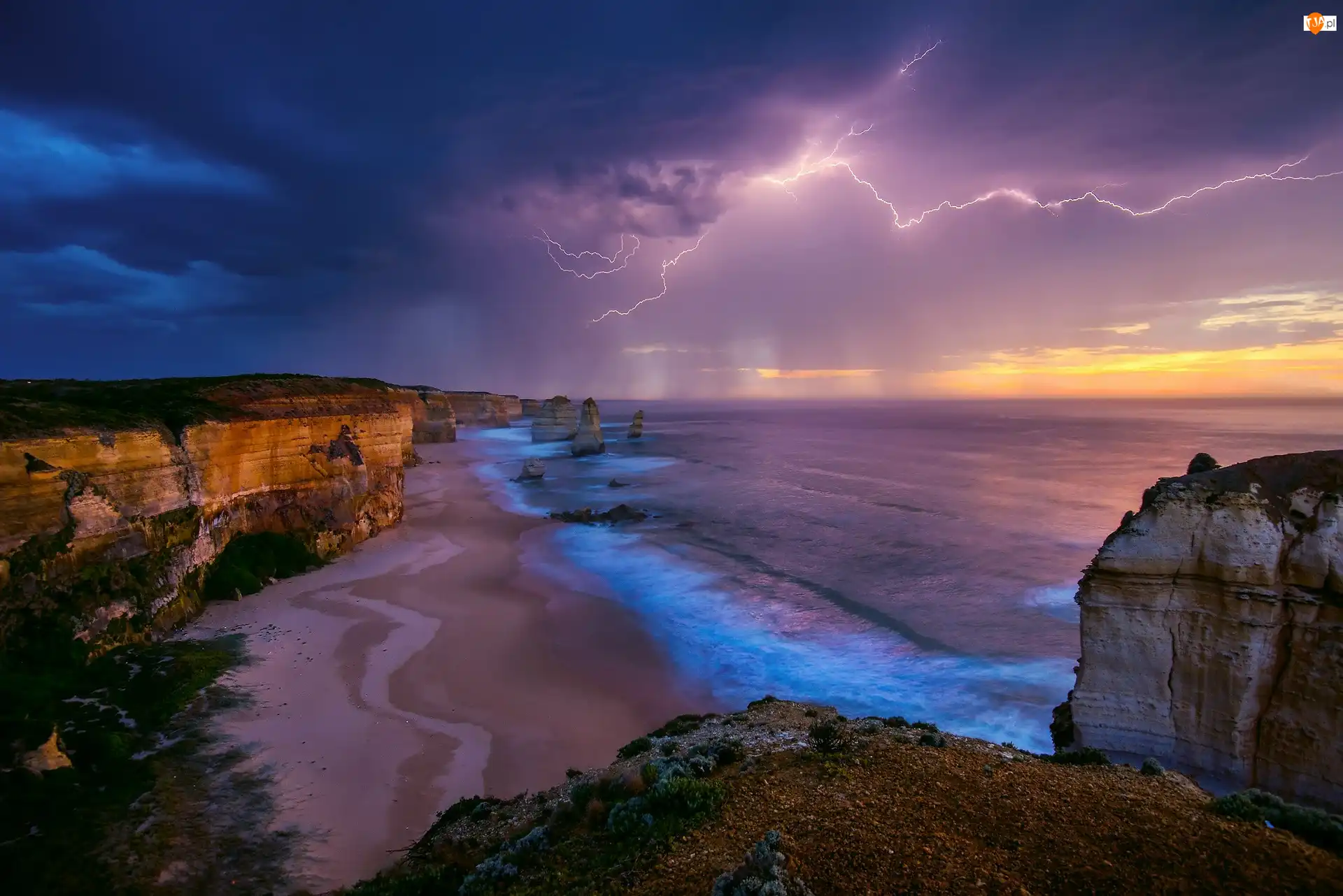 Park Narodowy Port Campbell, Ocean Indyjski, Morze, Australia, Wybrzeże, Zachód słońca, Klif