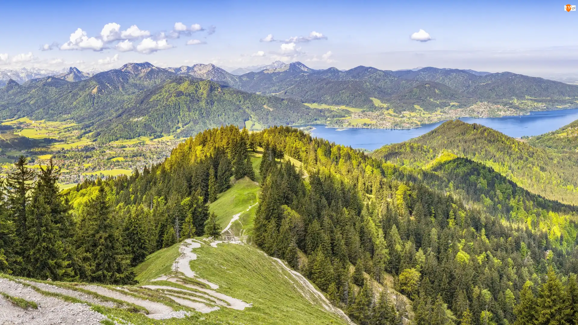 Jezioro Tegernsee, Bawaria, Drzewa, Dolina, Lasy, Tegernsee, Góry, Niemcy, Alpy