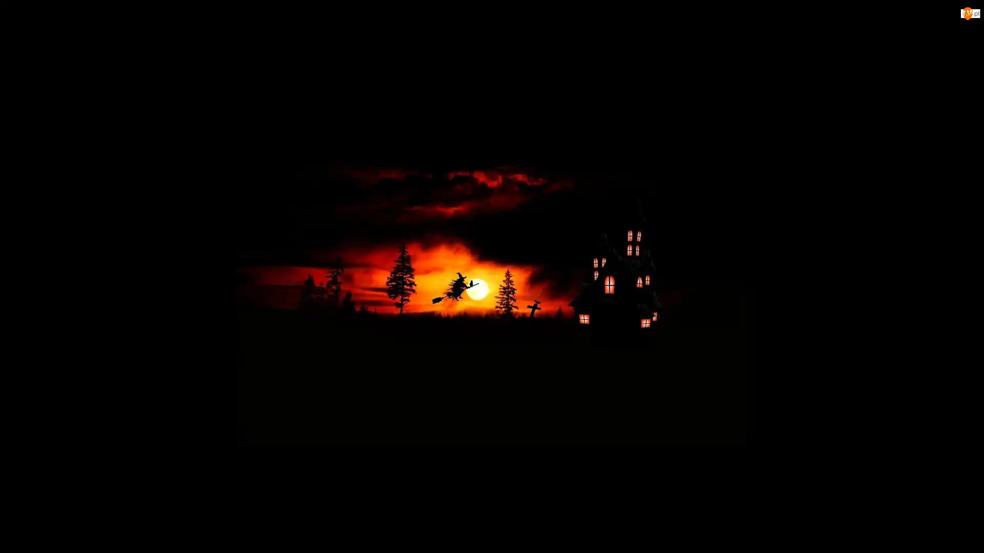 Zachód słońca, Halloween, Oświetlony, Grafika 2D, Czarownica, Dom