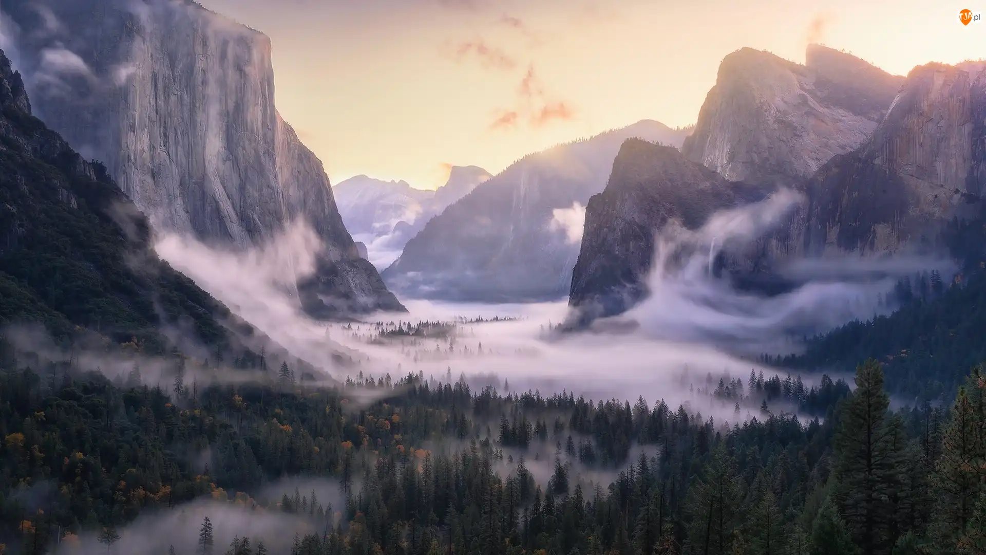 Park Narodowy Yosemite, Góry, Mgła, 
Kalifornia, Las, Yosemite Valley, Stany Zjednoczone, Opadająca