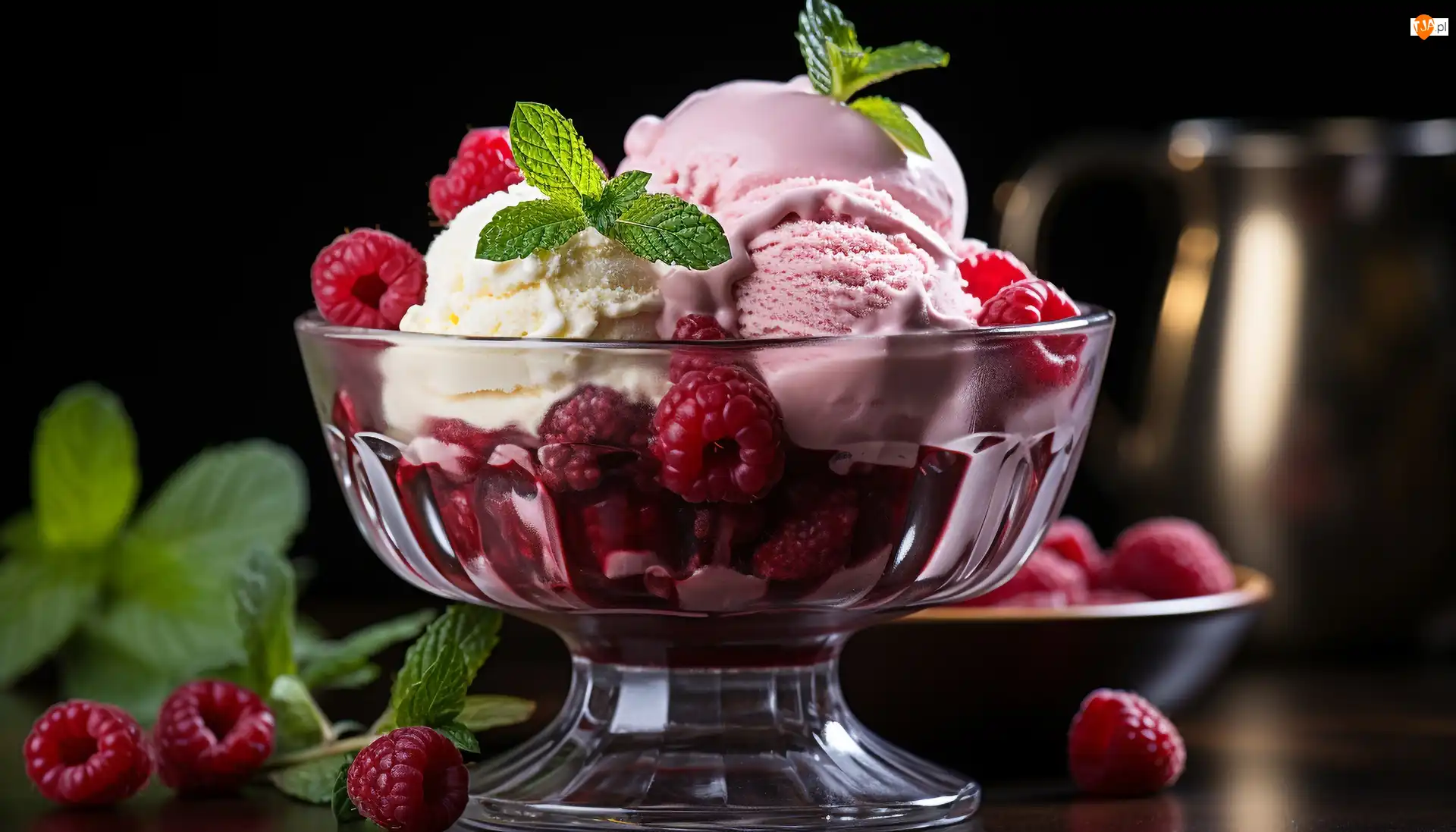 Puchar, Lody, Liście, Grafika, Maliny, Mięta