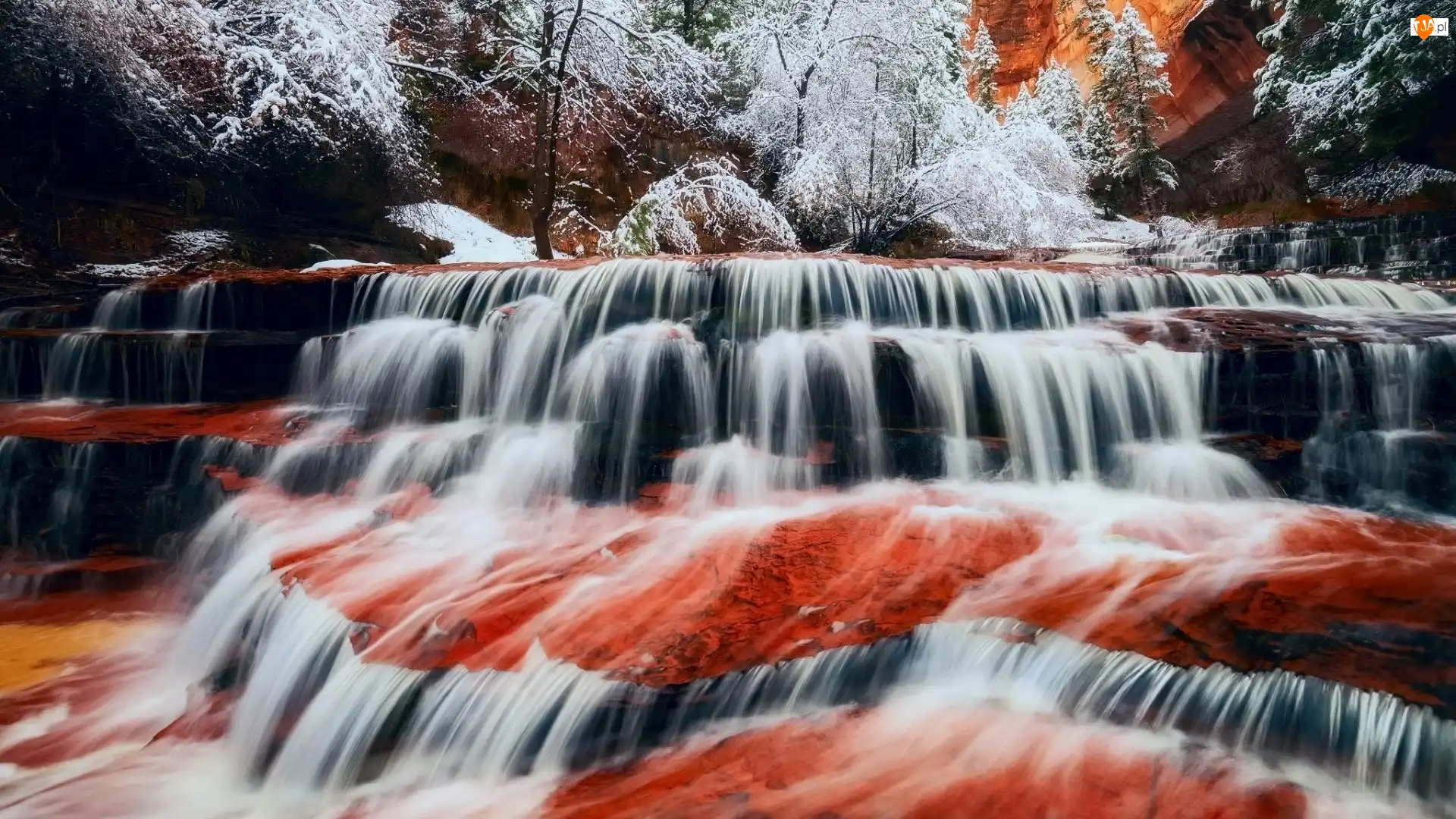 Śnieg, Stan Utah, Zima, Rzeka, Drzewa, Park Narodowy Zion, Kanion, Stany Zjednoczone, Wodospad Archangel Falls