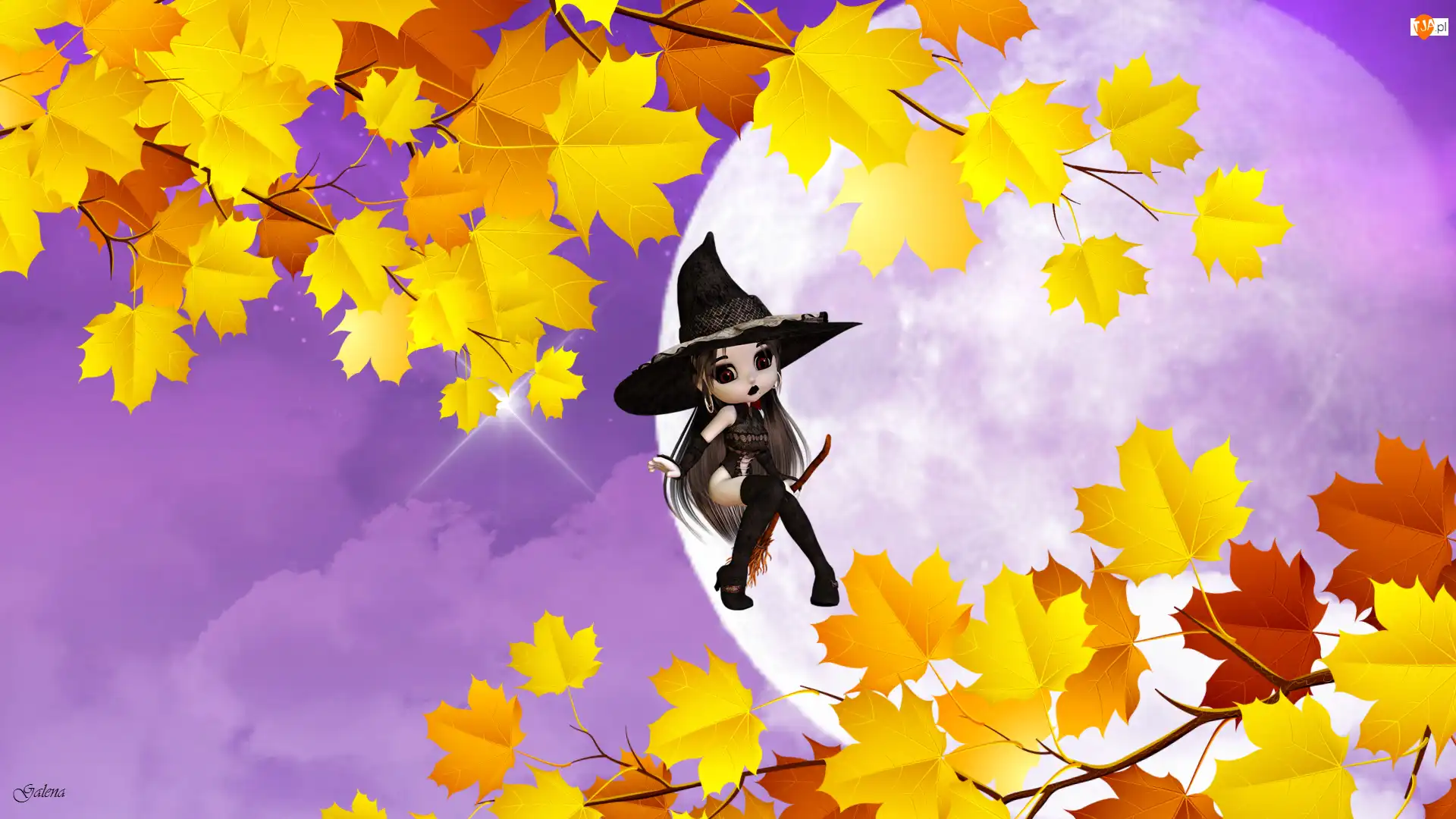 Wiedźma, Grafika, Księżyc, Gałęzie, Halloween