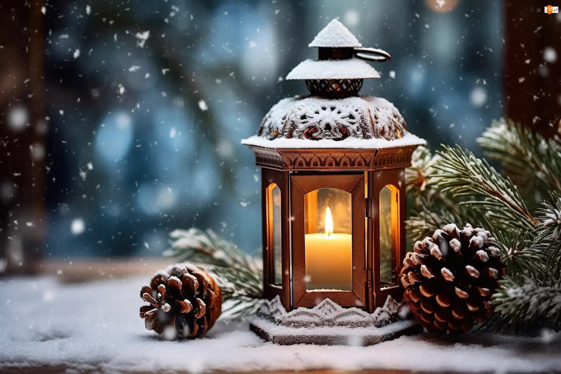 Świeca, Lampion, Szyszki, Grafika, Śnieg, Dekoracja