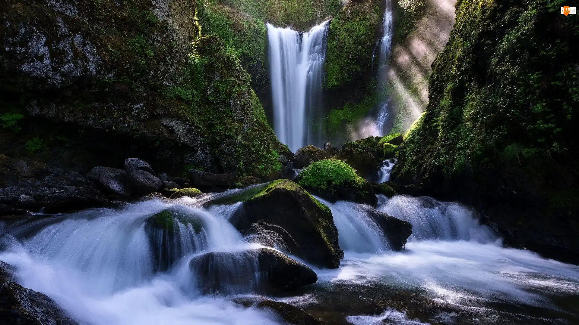 Przebijające słońce, Omszone, Creek Falls, Waszyngton, Skały, Rzeka, Stany Zjednoczone, Wodospad