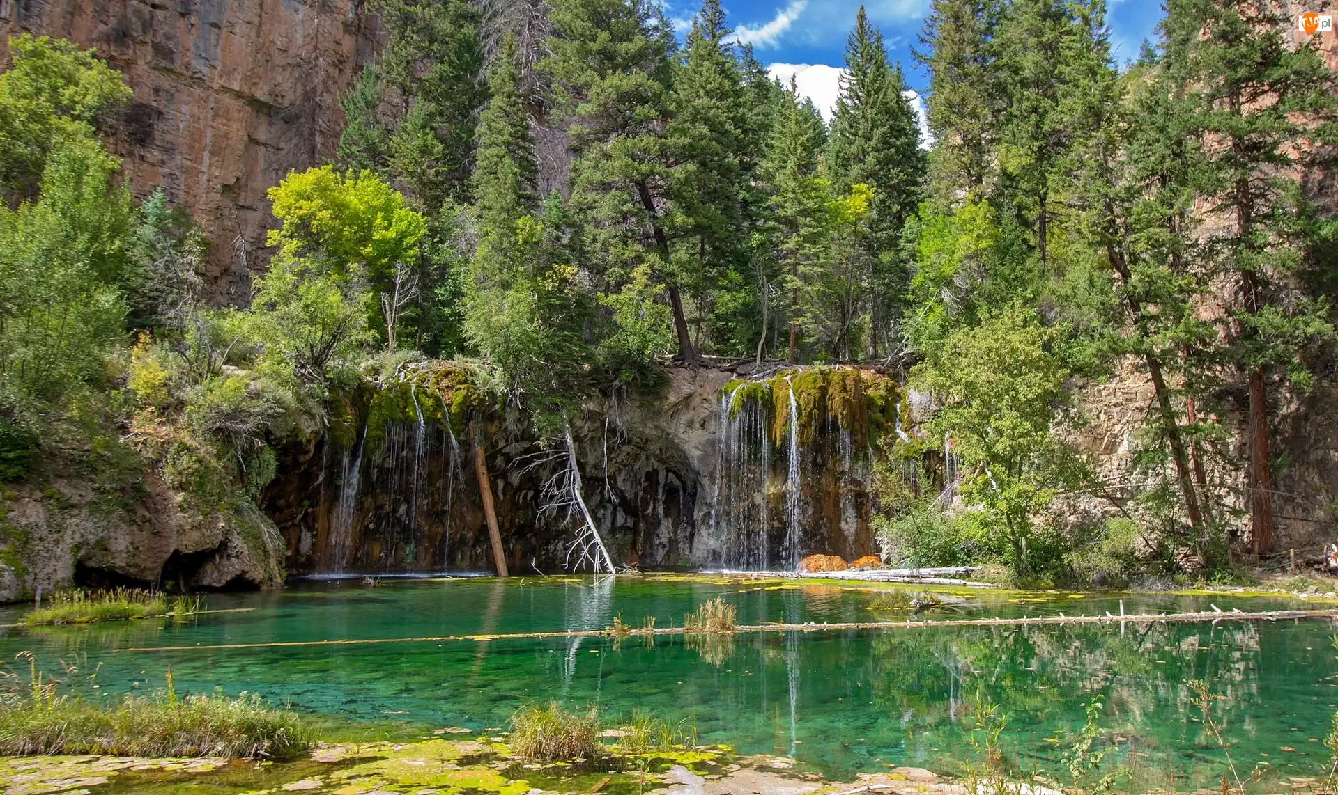 Drzewa, Stany Zjednoczone, Jezioro Hanging Lake, Skały, Stan Kolorado, Wodospady, Zieleń, Glenwood Canyon