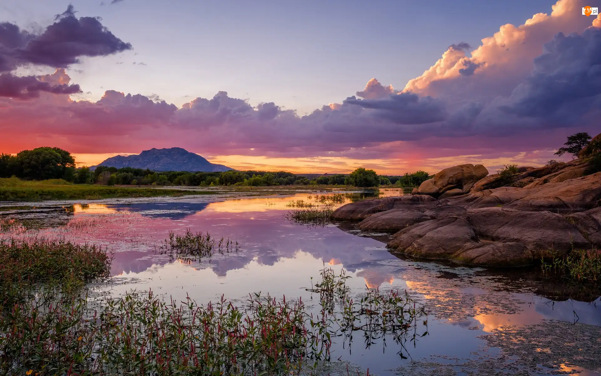 Zachód słońca, Skała, Roślinność, Willow Lake, Arizona, Stany Zjednoczone, Prescott, Hrabstwo Yavapai, Jezioro, Drzewa