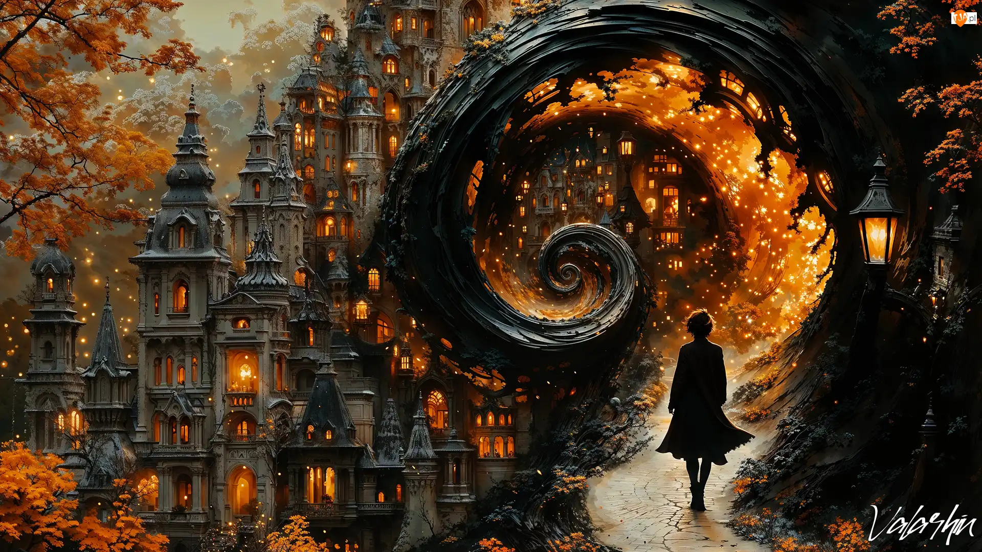 Fantasy, Noc, Latarnia, Droga, Kobieta, Oświetlone, Domy, Grafika, Spirala