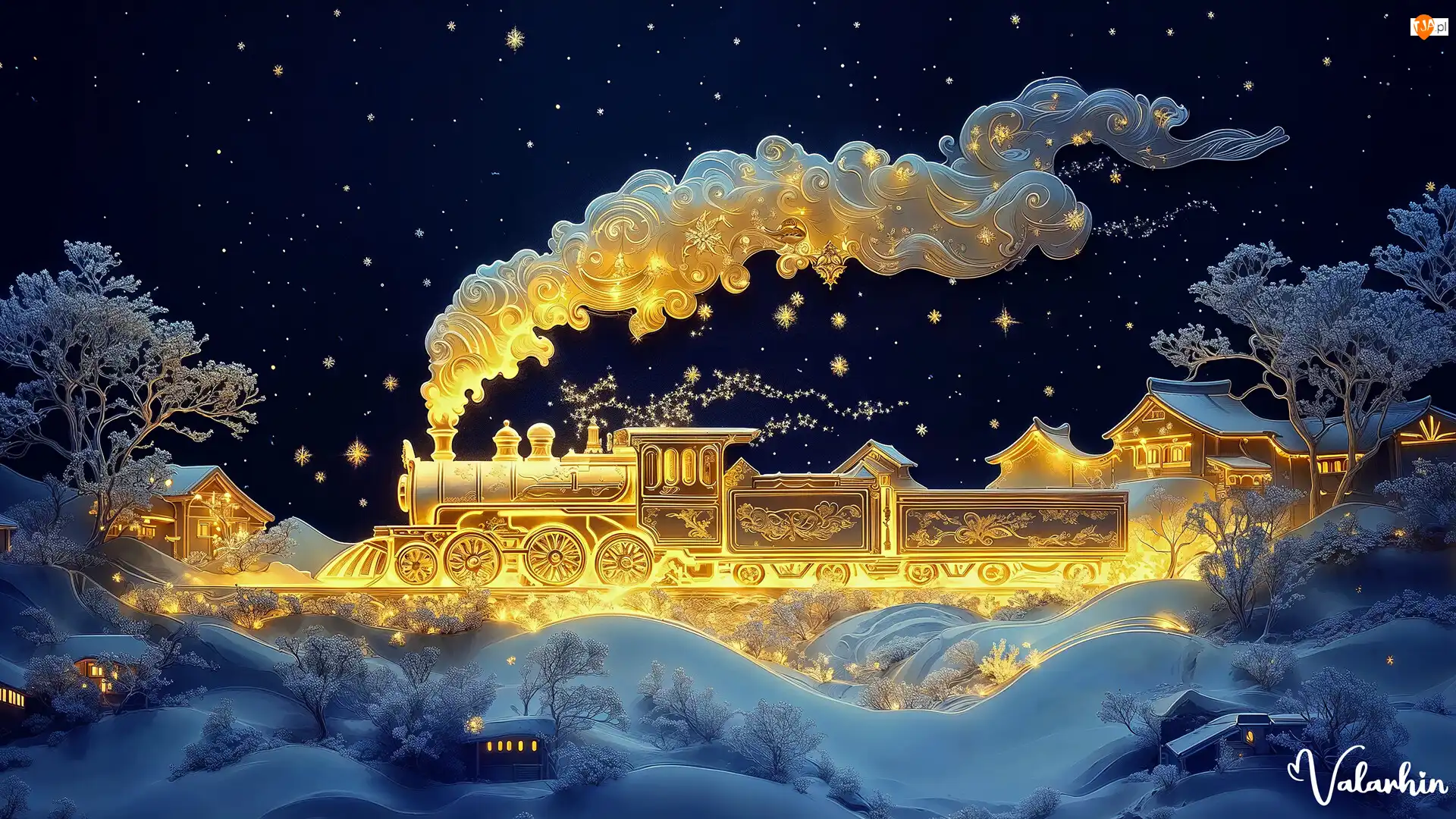 Noc, Złoty, Drzewa, Grafika, Śnieg, Dym, Pociąg