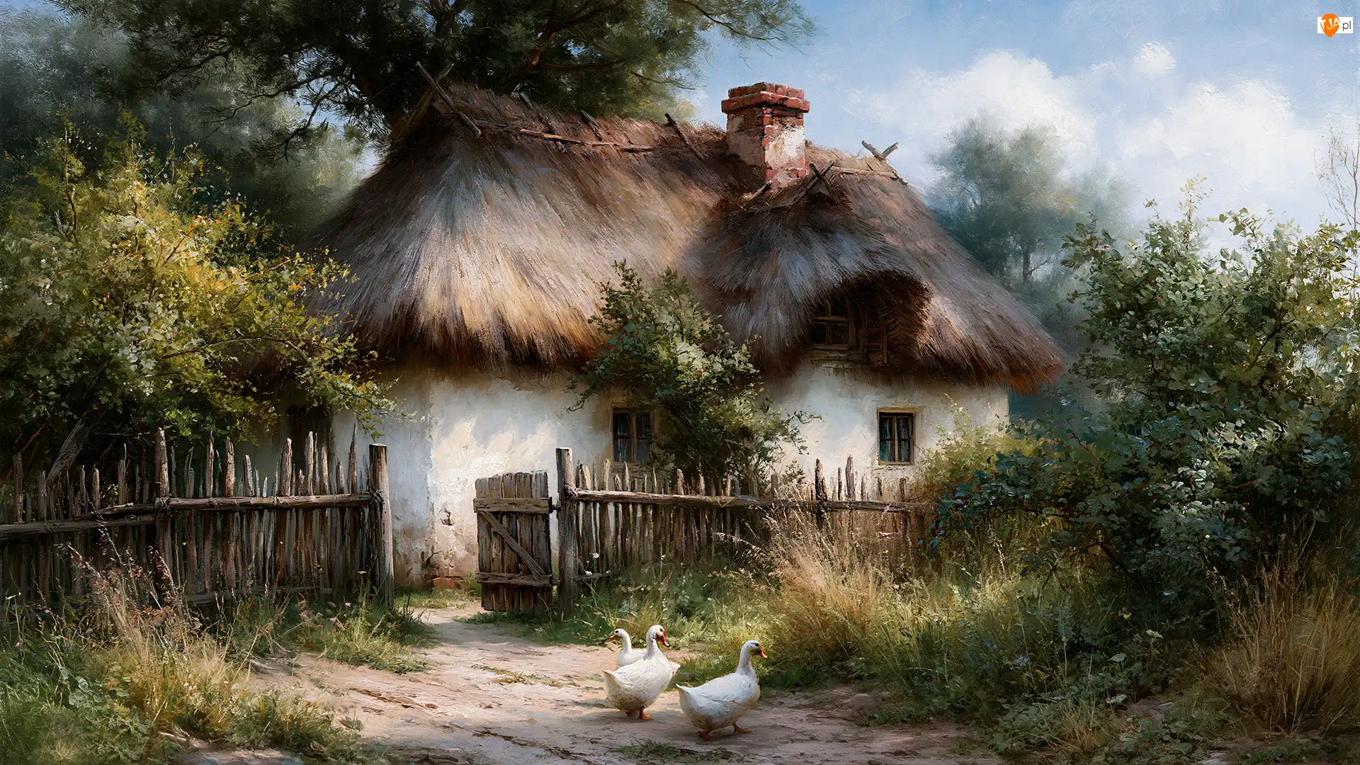 Gęsi, Wiejska, Płot, Wieś, Chata, Drzewa, Grafika AI, Strzecha