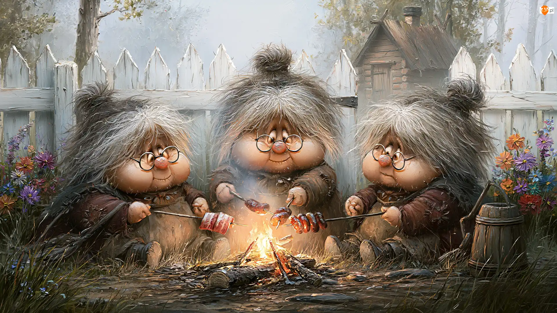 Ognisko, Grafika AI, Babcie, Trzy, Grill
