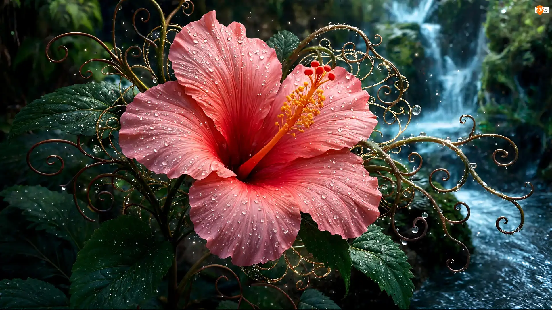 Grafika AI, Hibiskus, Kwiat, Krople