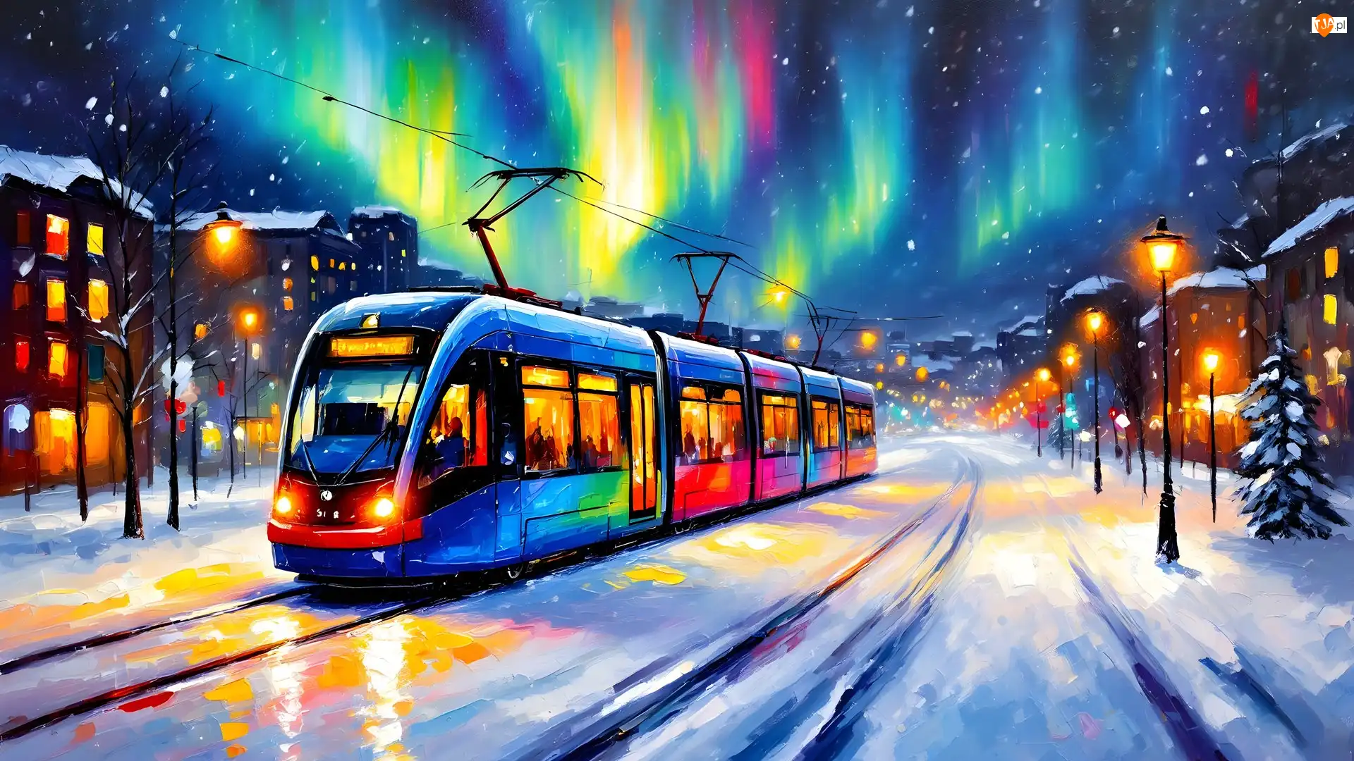Tramwaj, Zorze polarna, Latarnie, Zima, Domy, Śnieg