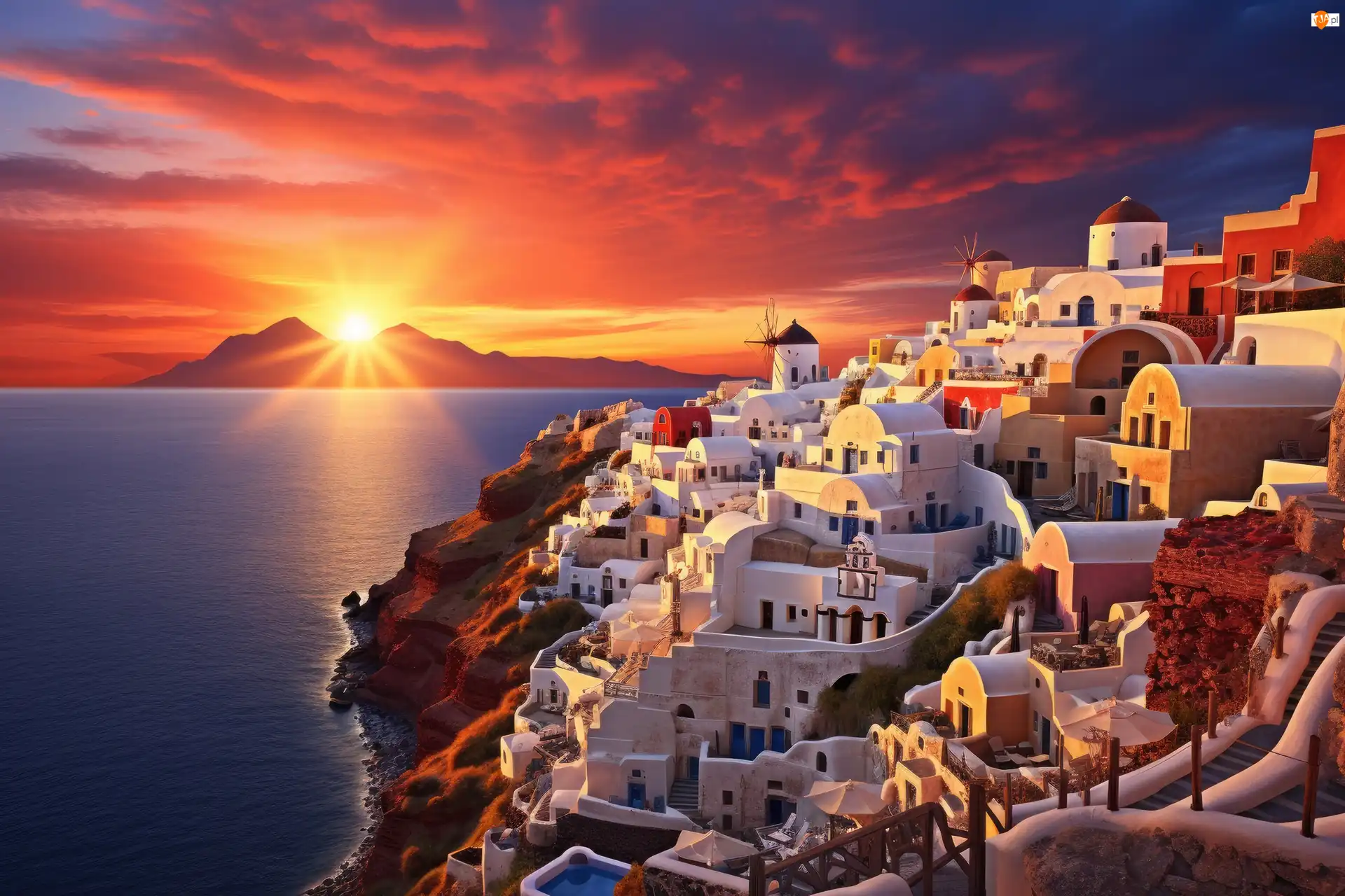 Domy, Zachód słońca, Santorini, Grecja, Morze