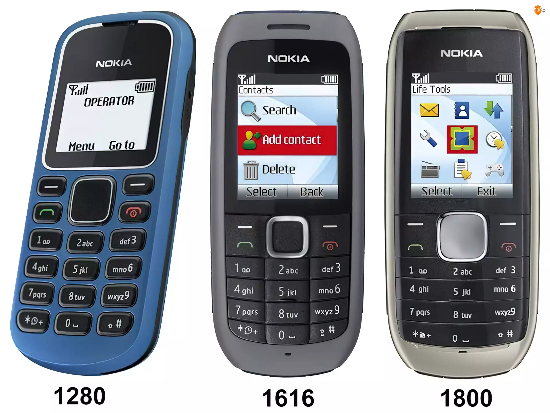 Nokia 1280, Szara, Nokia 1616, Srebrna, Nokia 1800, Niebieska