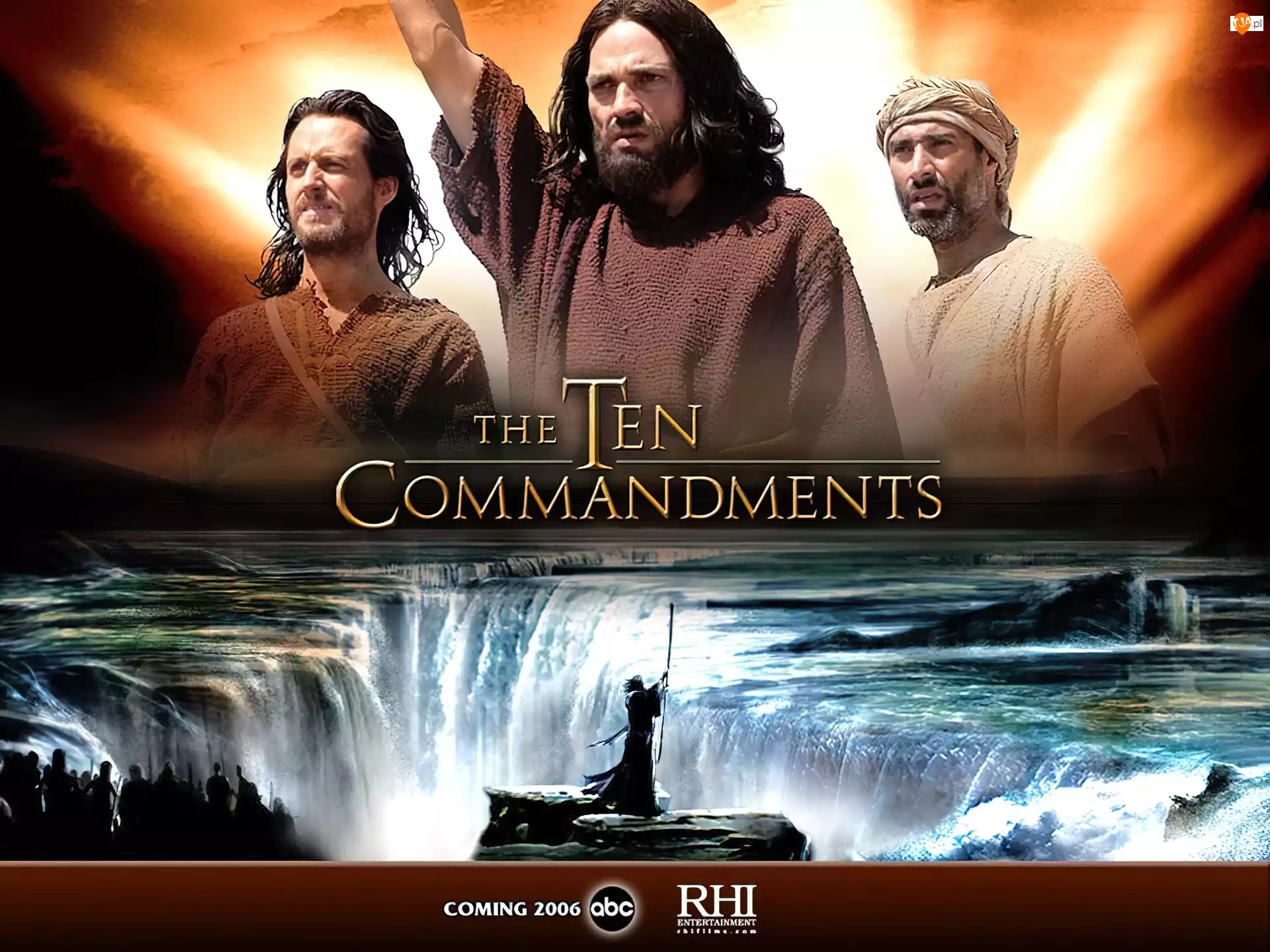 mężczyźni, napis, wodospad, The Ten Commandments, broda