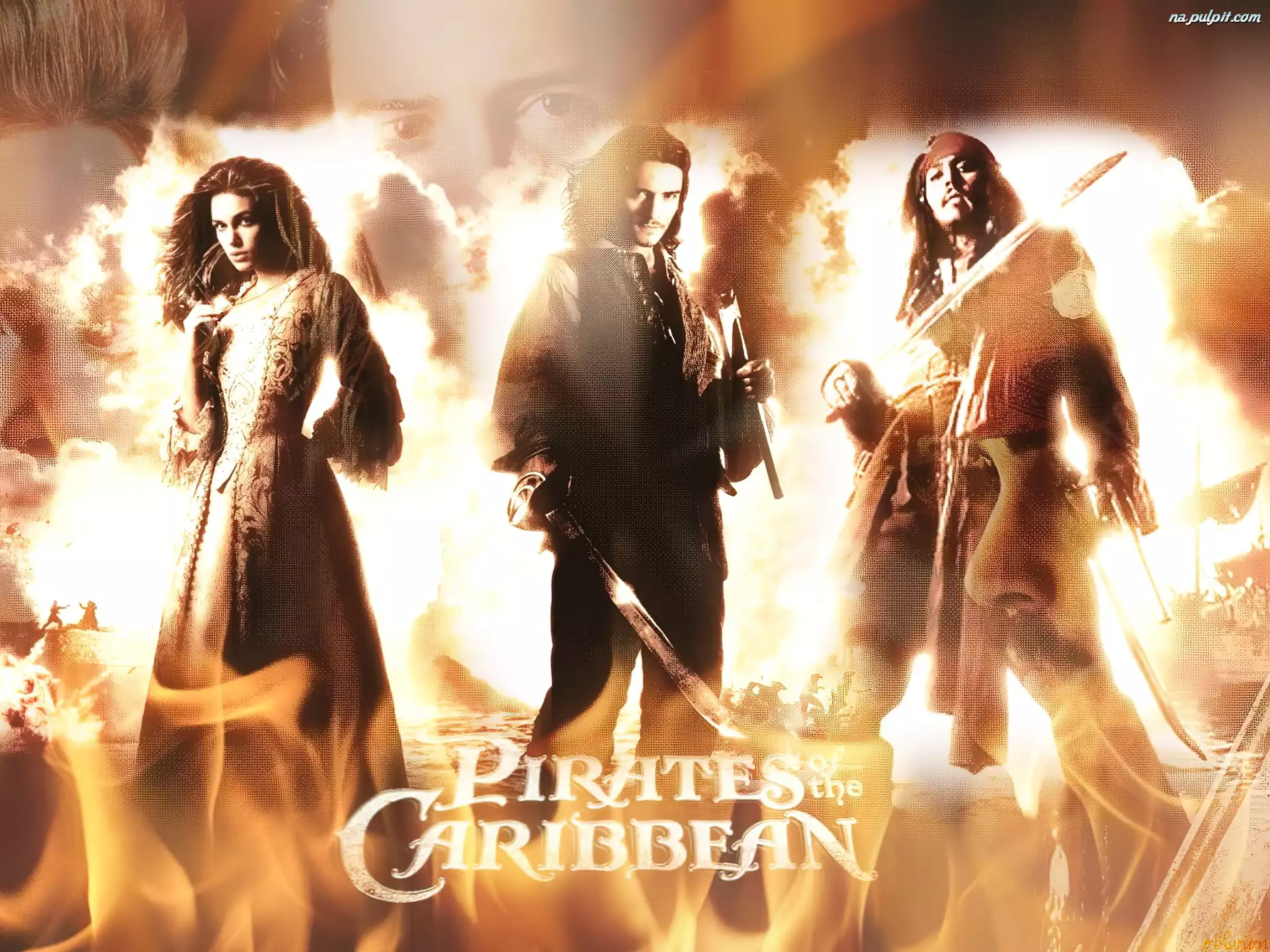 Johnny Depp, ogień, Keira Knightley, Piraci Z Karaibów, Orlando Bloom