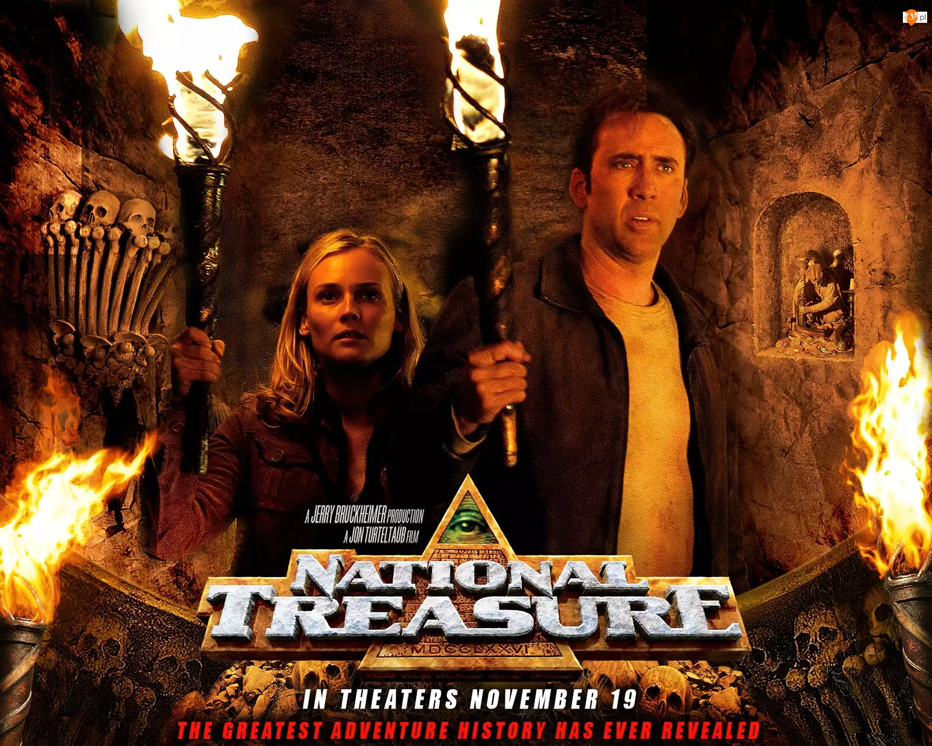 Nicolas Cage, podziemie, Diane Kruger, National Treasure 1, pochodnie
