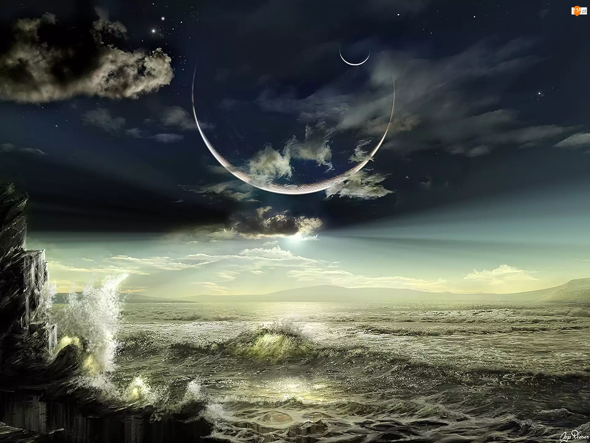 Noc, Księżyca, Fale, Morze, Zaćmienie