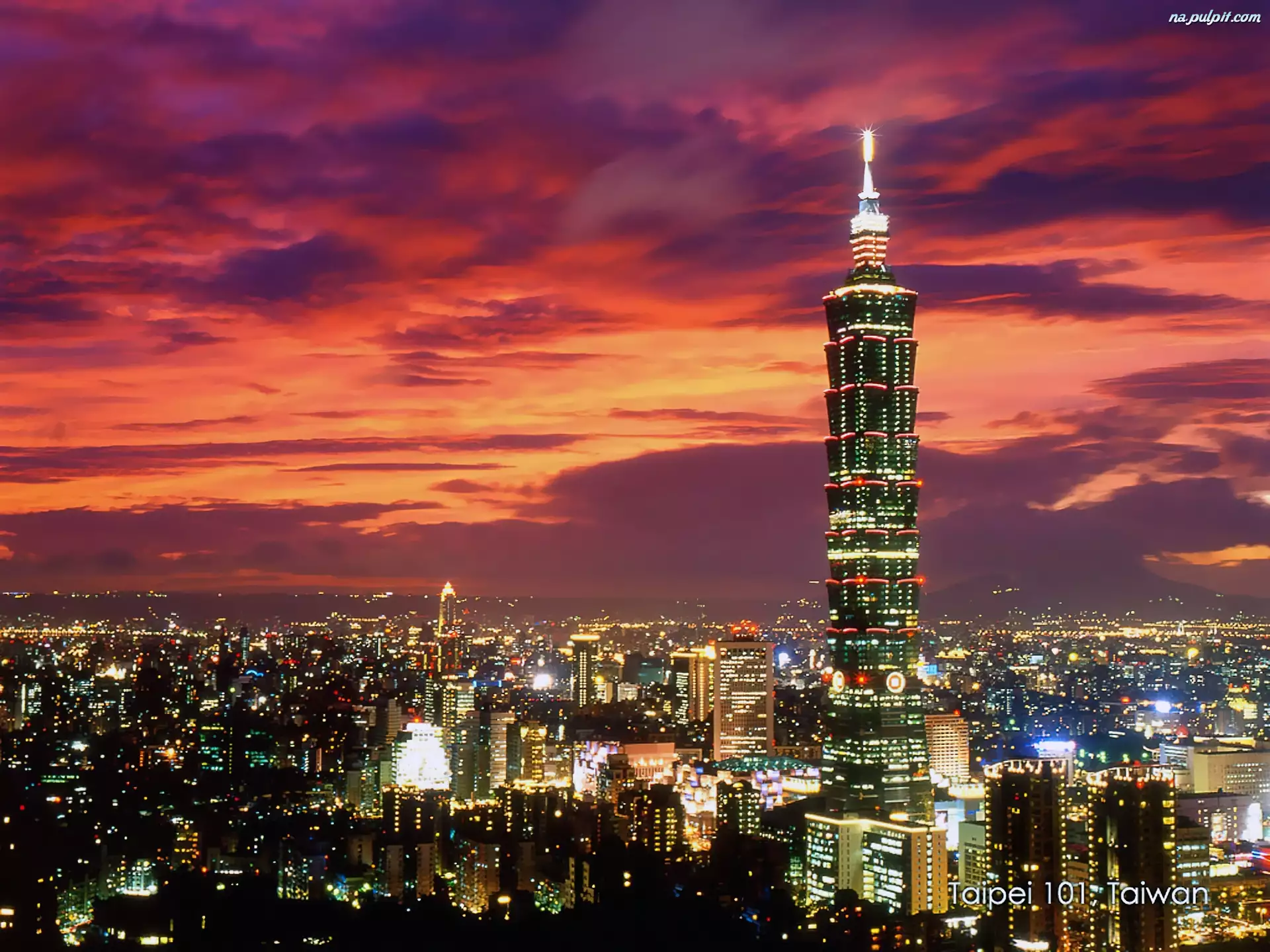Panorama, Światła, Taipei 101, Tajwan, Noc