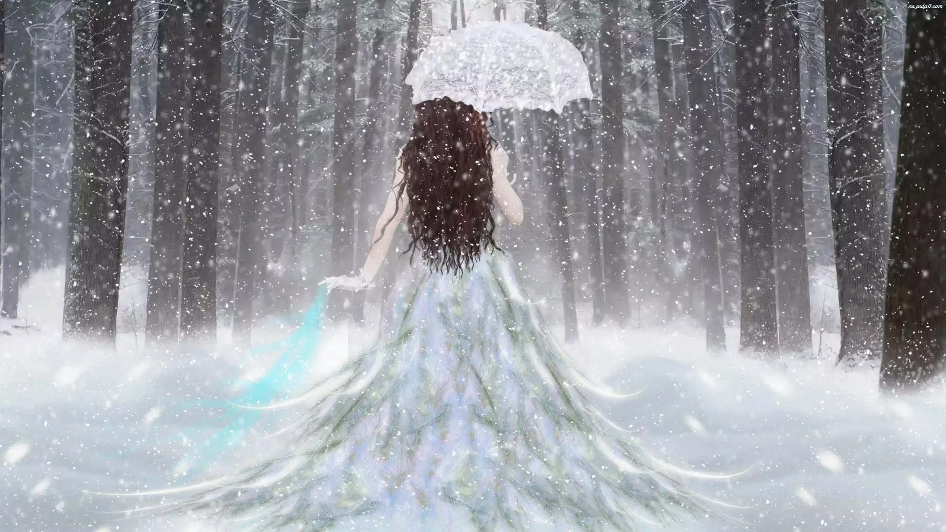 Parasolka, Fantasy, Zima, Kobieta, Śnieg