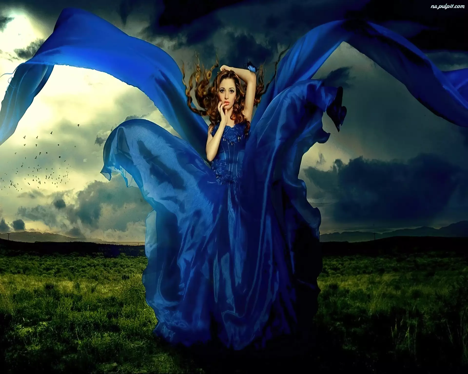 Kobieta, Wiatr, Niebieska, Suknia