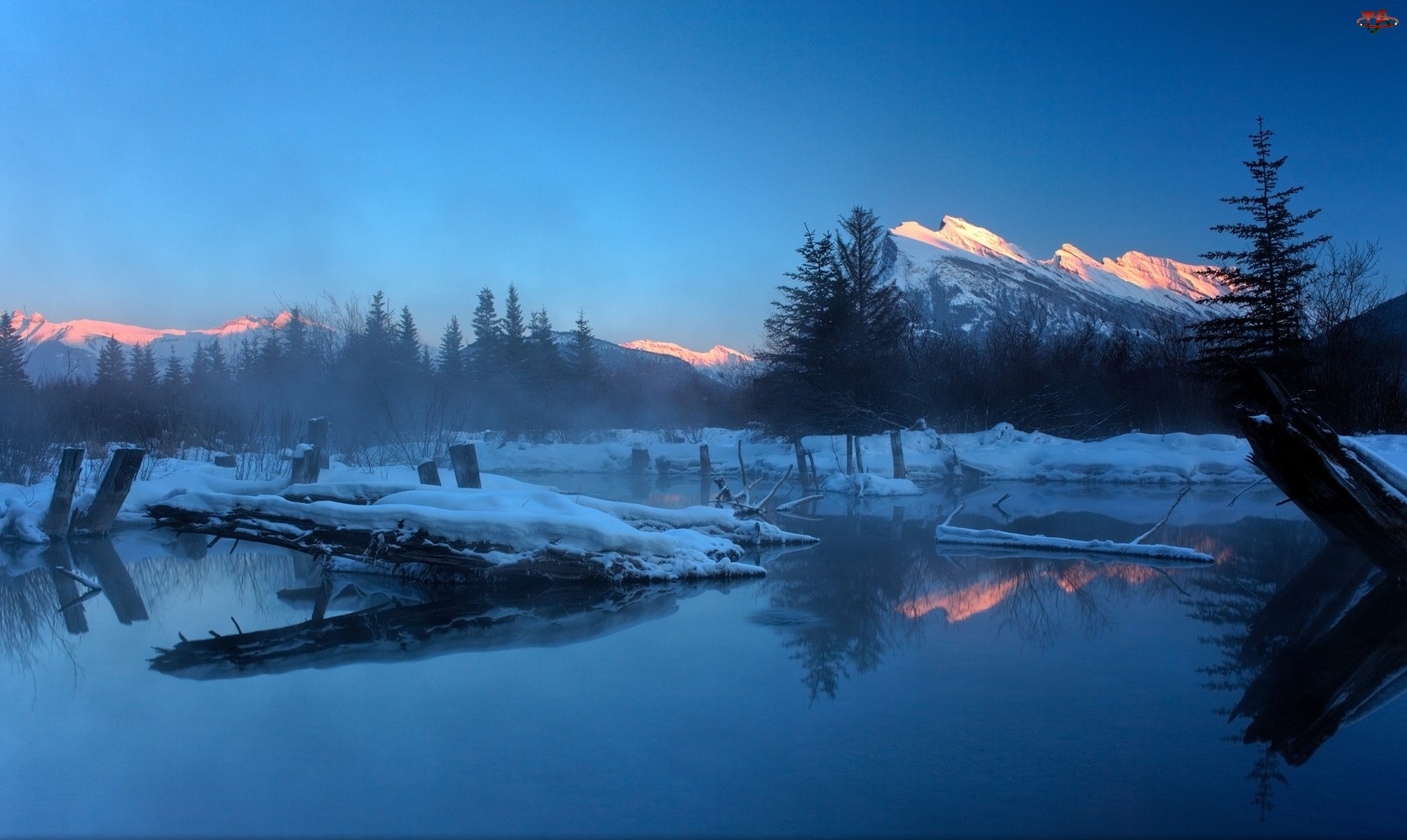 Park Narodowy Banff, Zima, Jezioro Vermilion Lakes, Kanada, Góry