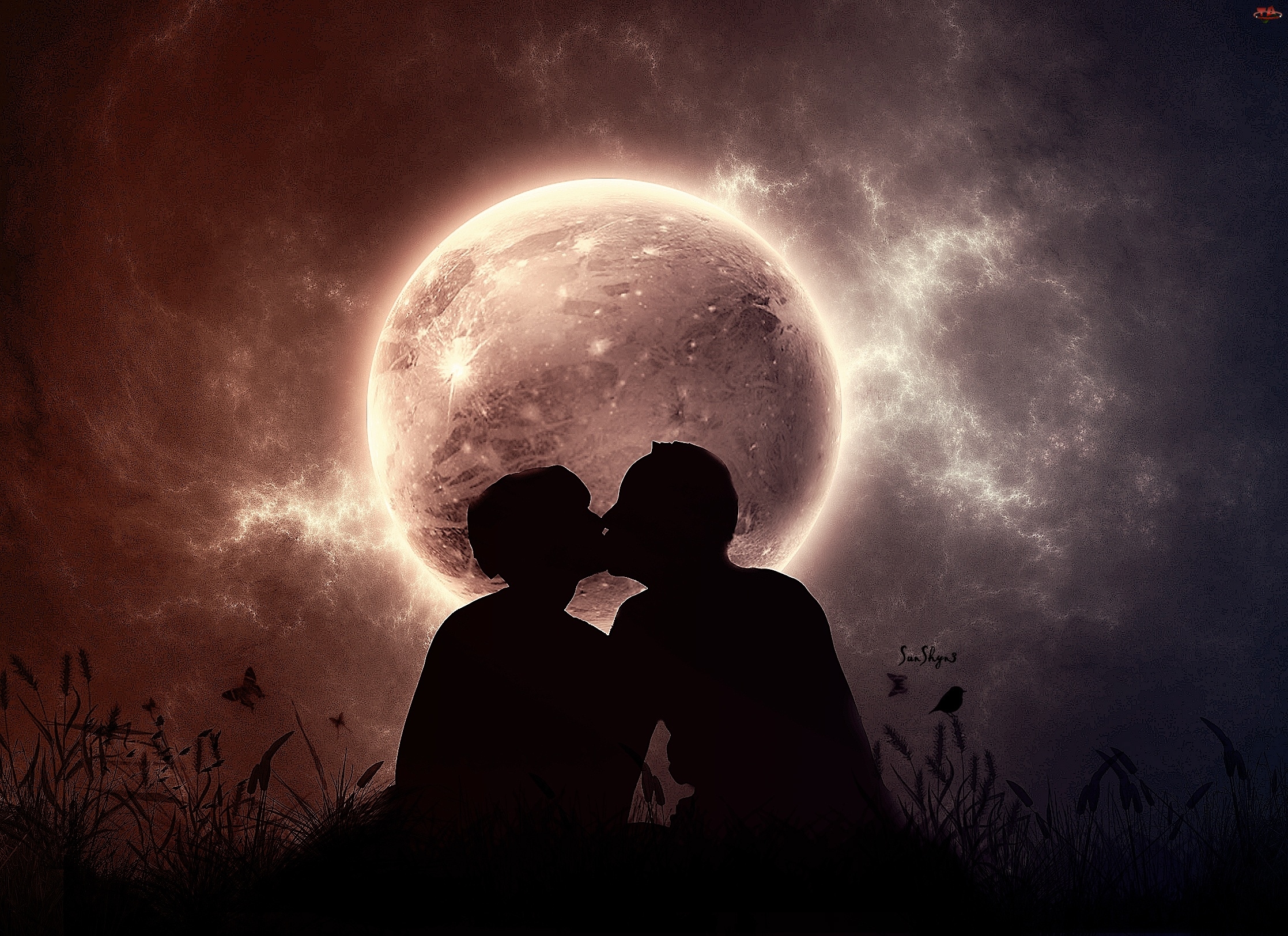 Pocałunek, Noc, Para, Księżyc, Zakochanych
