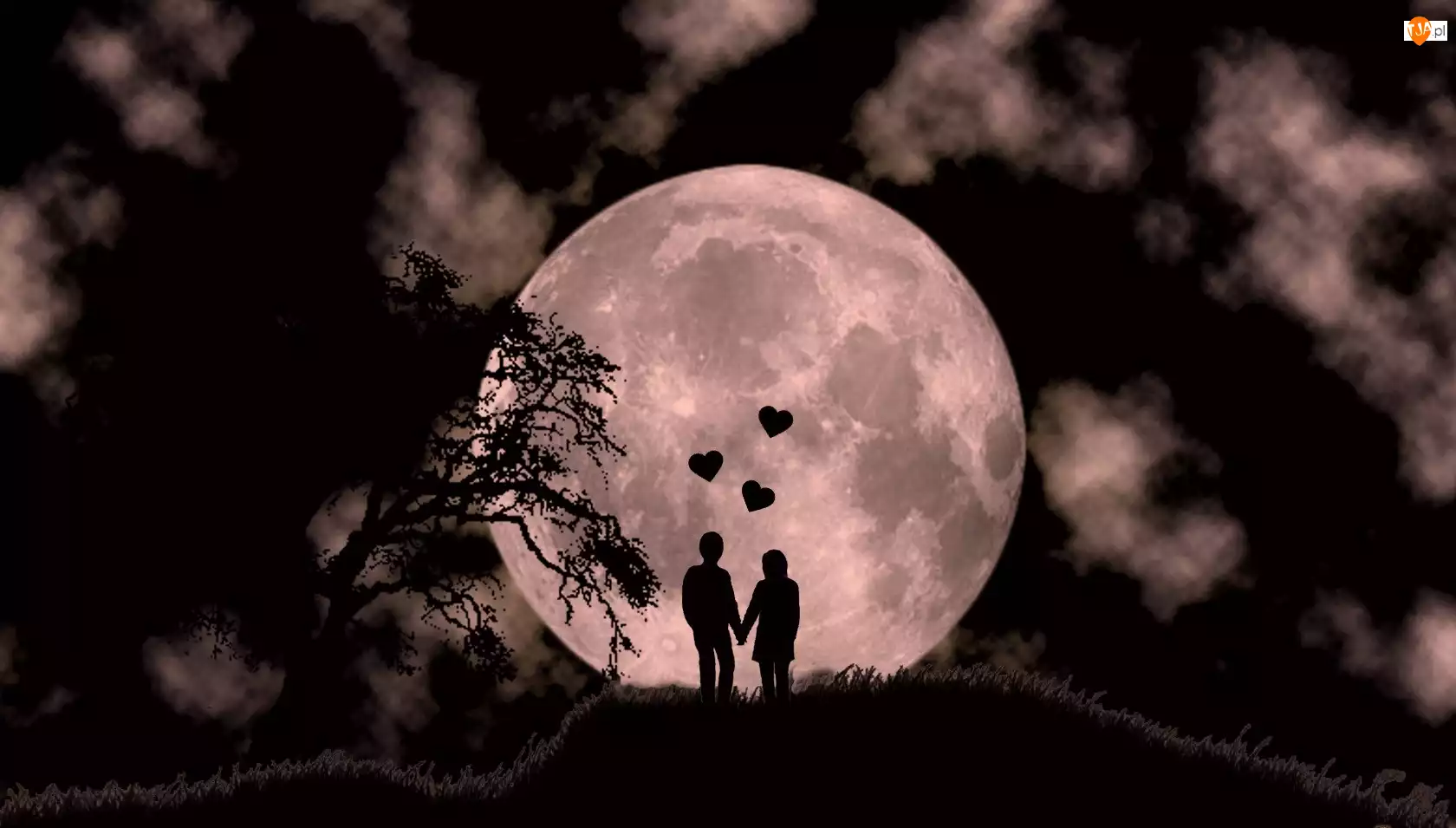 Zakochani, Noc, Księżyc, Para