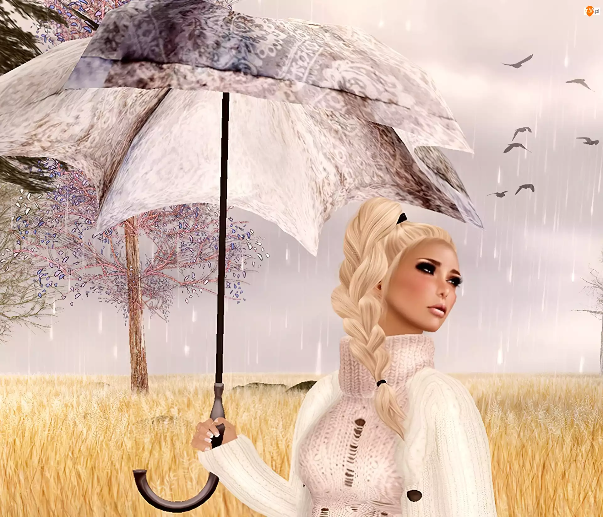 Grafika 2D, Kobieta, Parasol, Deszcz