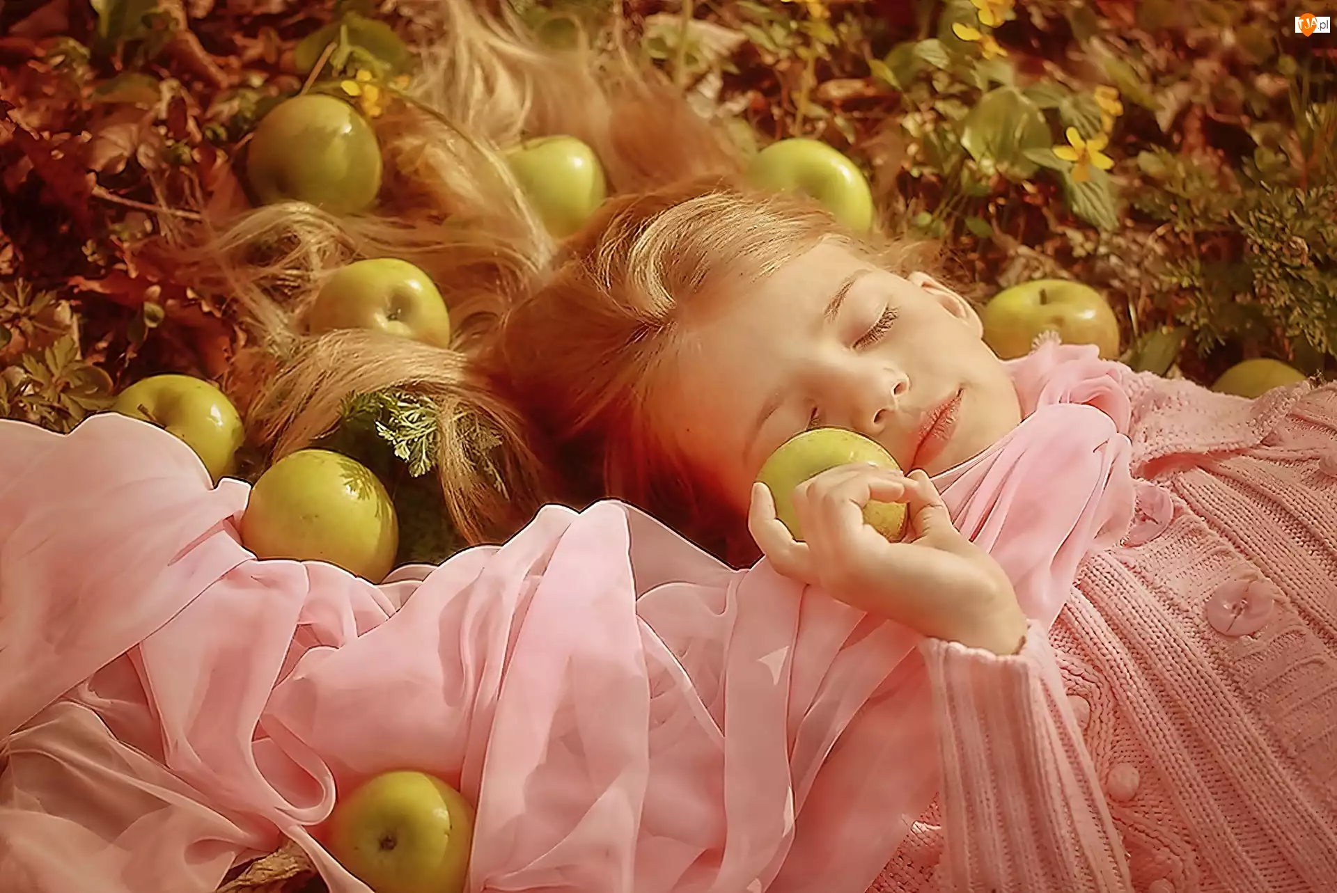 Jabłka, Śpiąca, Dziewczynka, Ogród