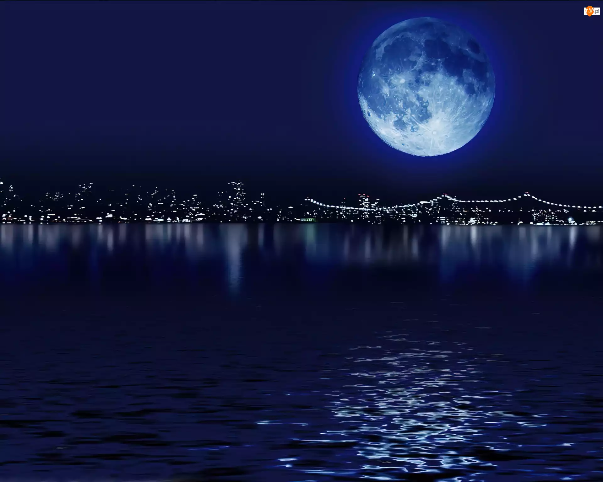 Księżyc, Miasto, Woda, Noc