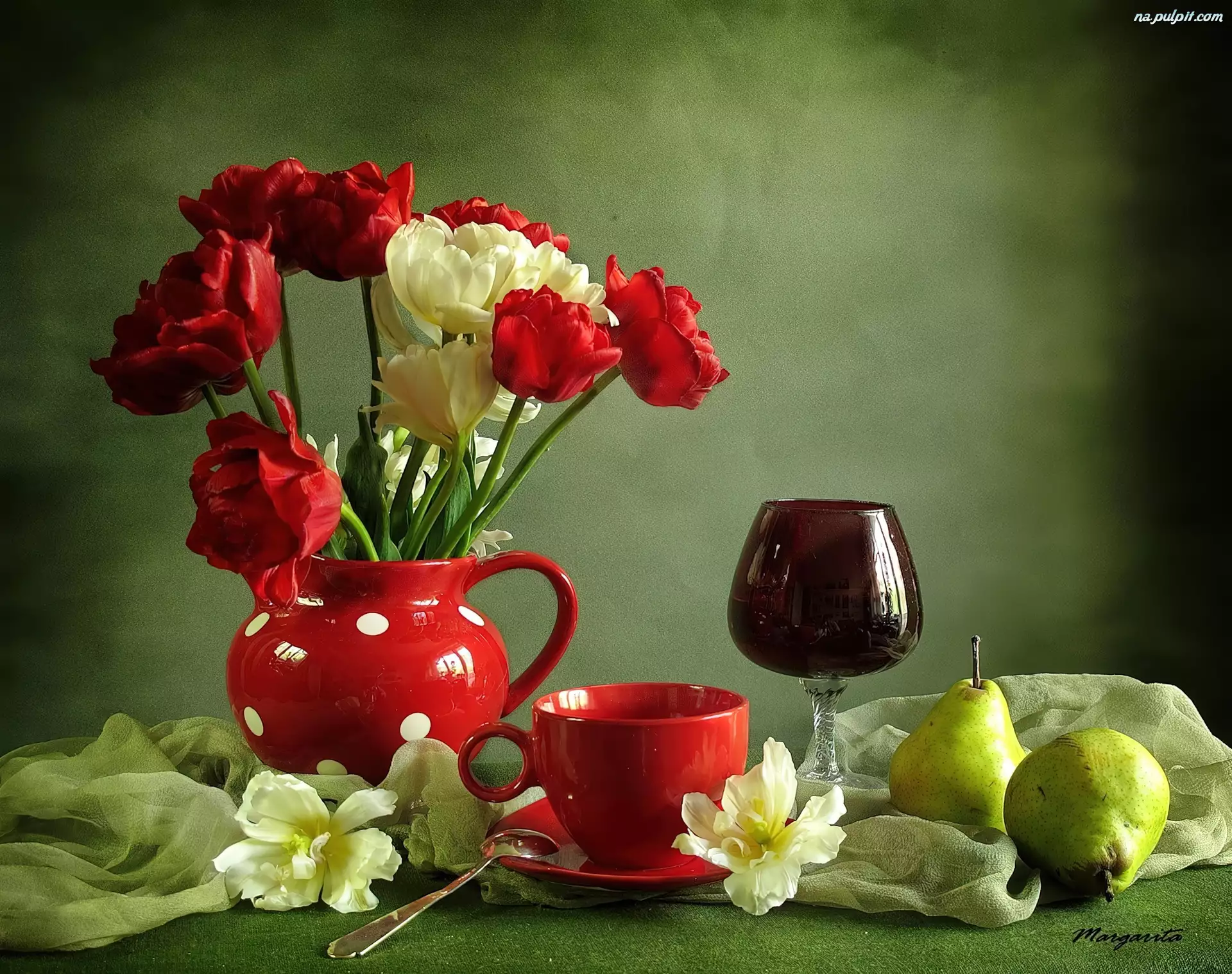 Kwiaty, Wino, Tulipany, Czerwone