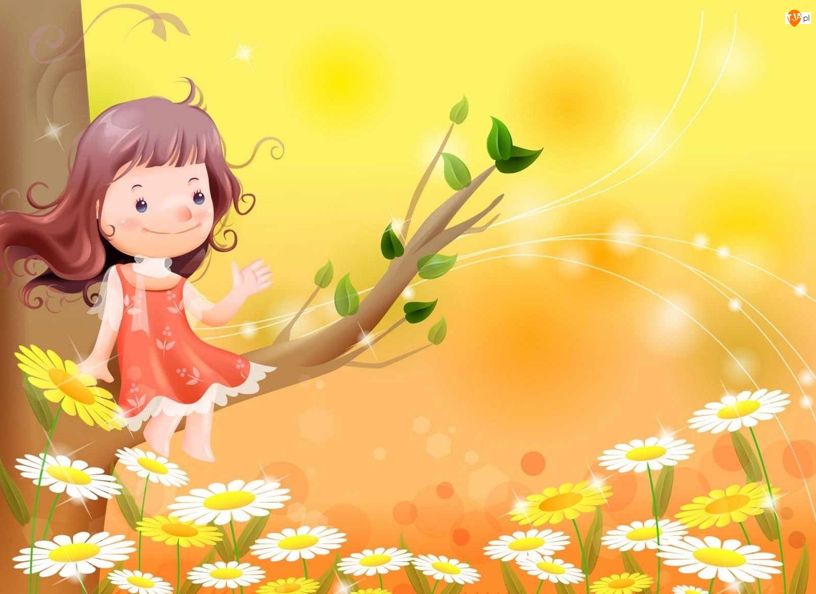 Kwiaty, Dziewczynka, Stokrotki, Drzewo