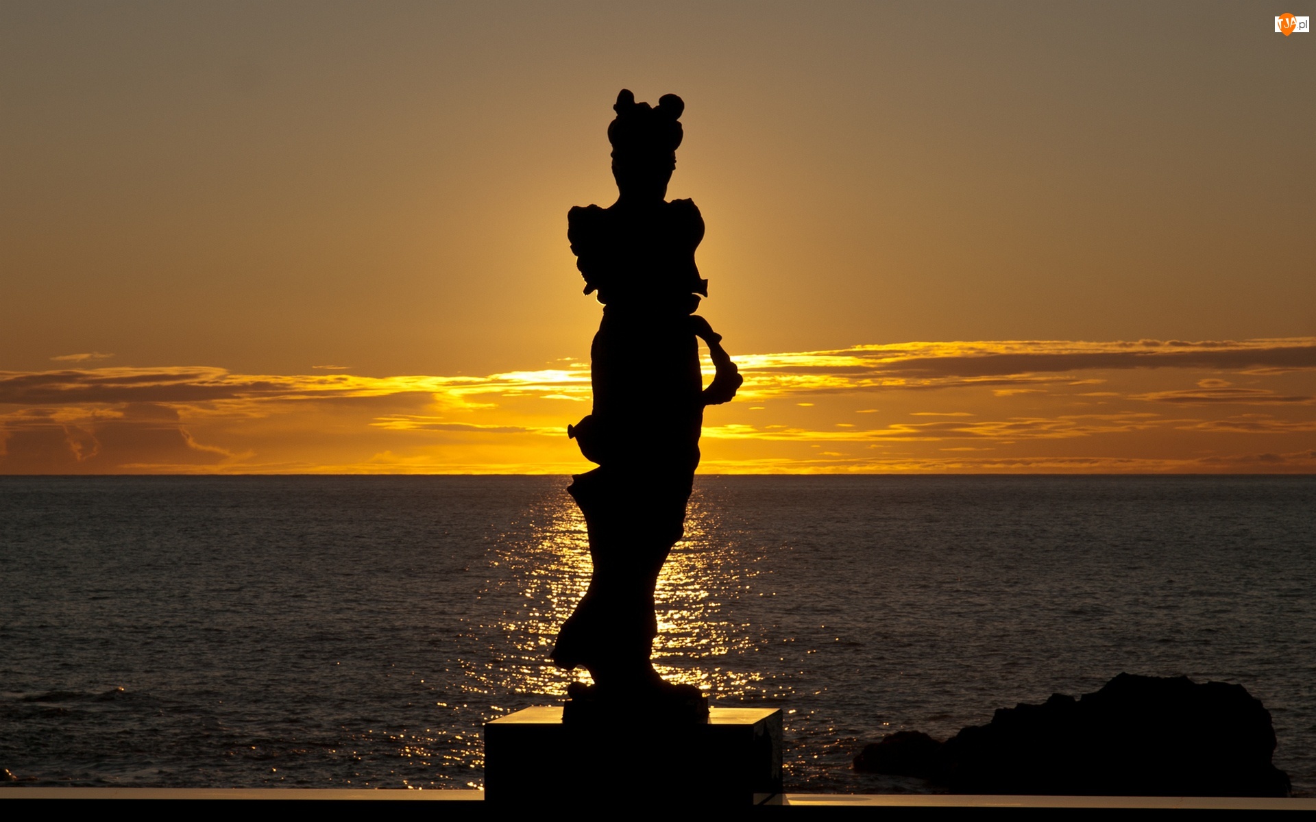 Posąg, Morze, Słońca, Zachód, Kobieta