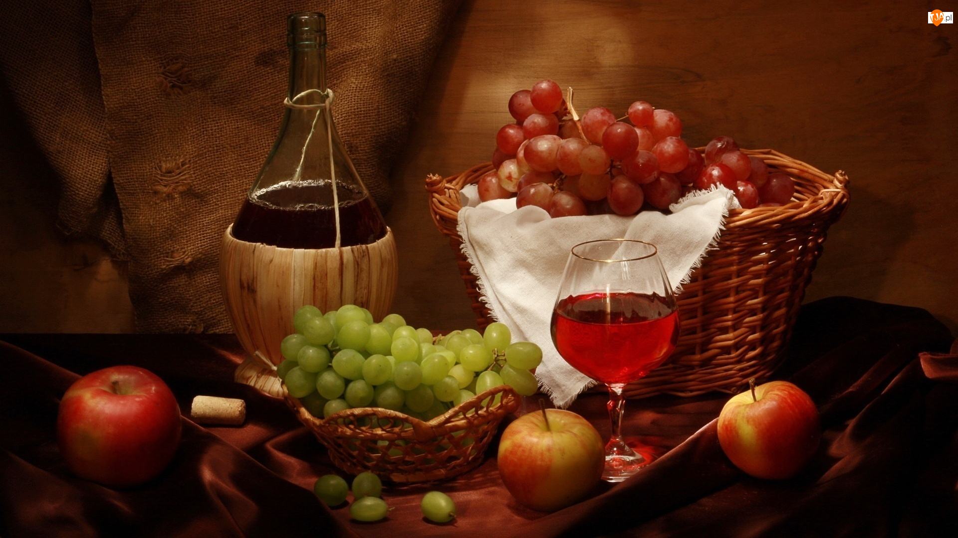 Jabłko, Wino, Butelka, Koszyk, Winogron