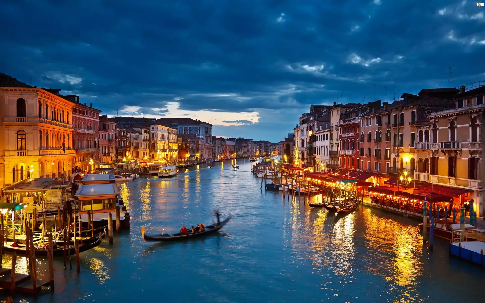 Wenecja, Światła, Gondola, Noc