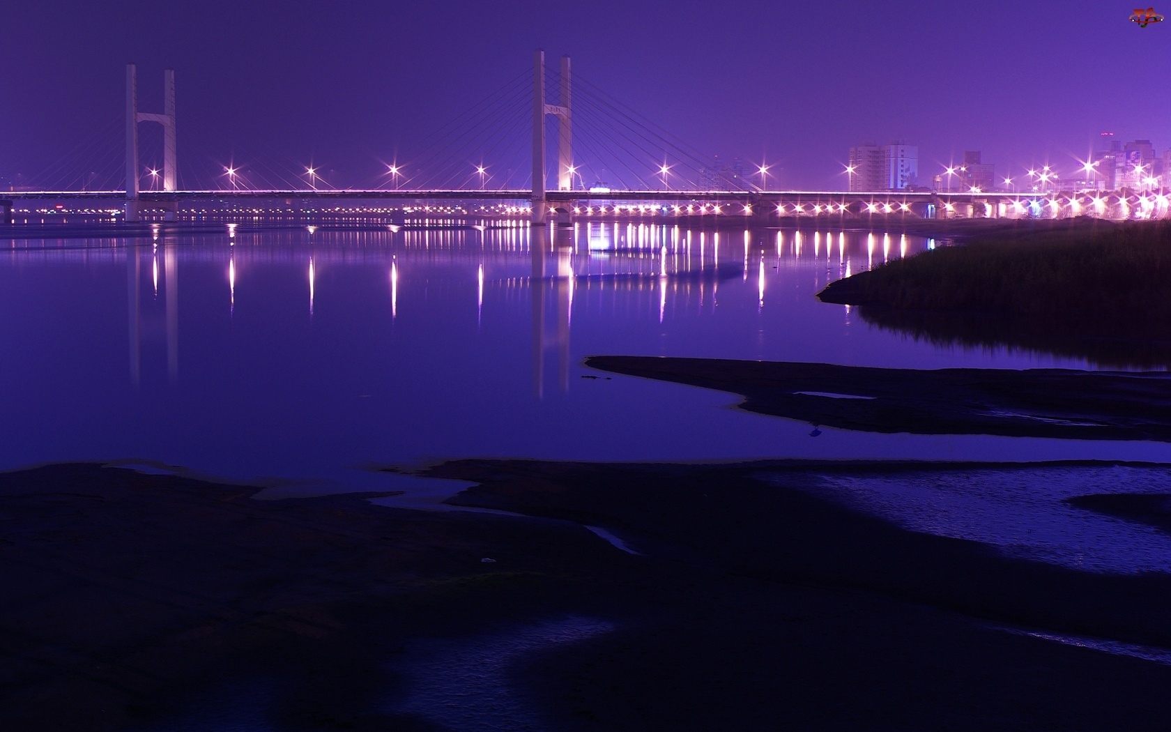 Rzeka, Noc, Oświetlony, Most