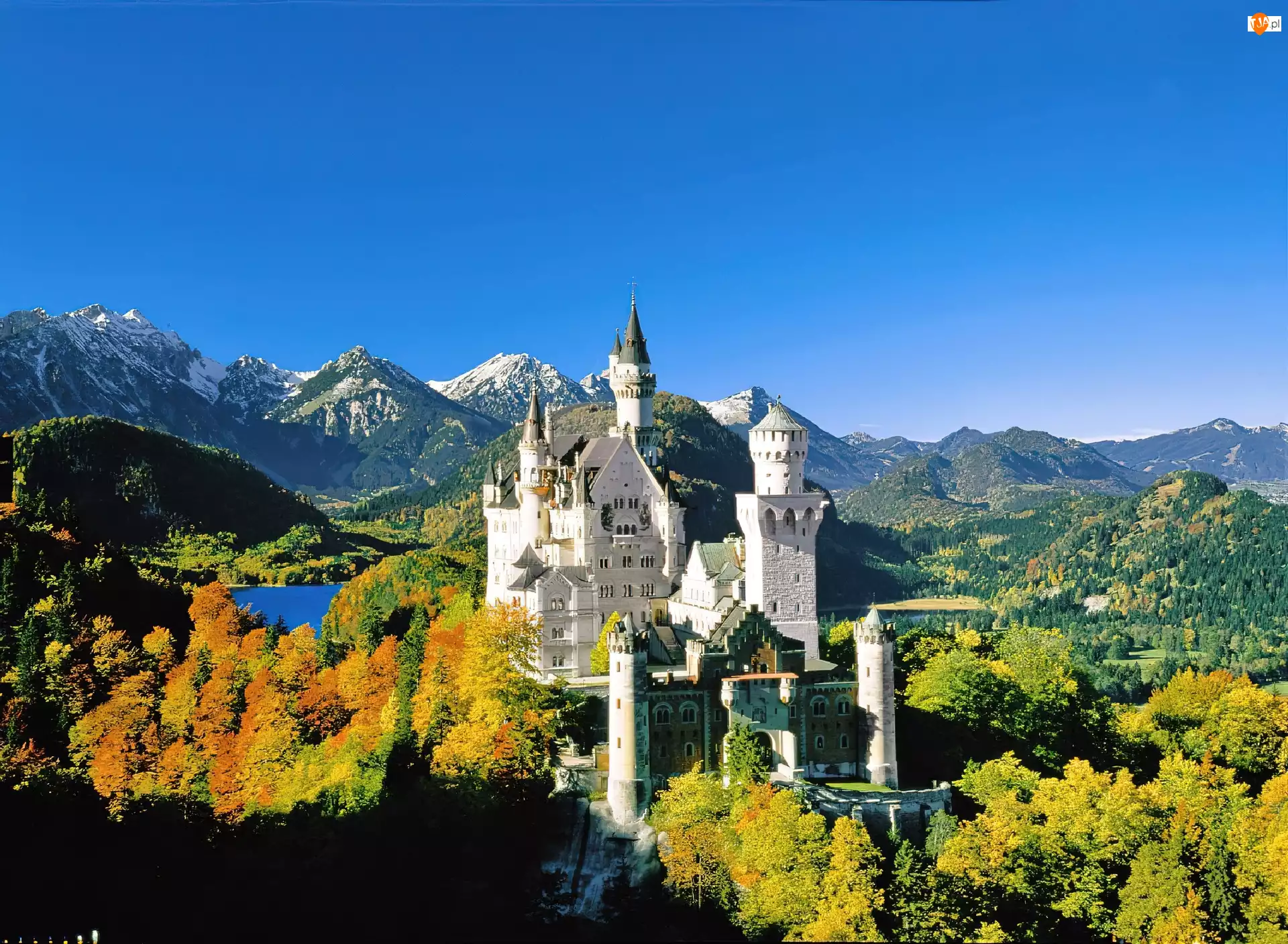 Jesień, Góry, Zamek Neuschwanstein, Niemcy, Lasy